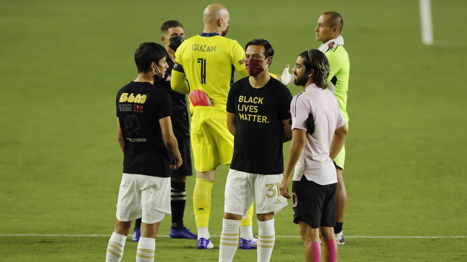 Erick Torres #31 of Atlanta United talks with Rodolfo Pizarro #10 of Inter Miami CF after the game was postponed.