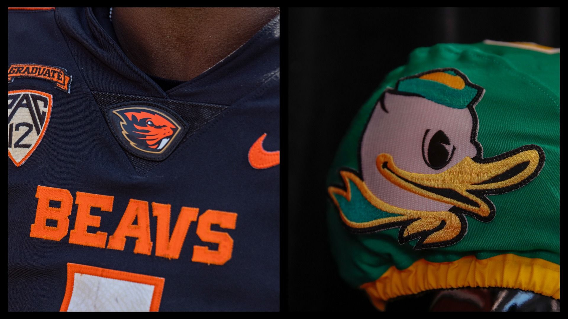 Close-up of Oregon State Beavers football jersey with orange text and logo, next to a green hat featuring the Oregon Ducks mascot, a cartoon duck with a yellow bill and scarf.