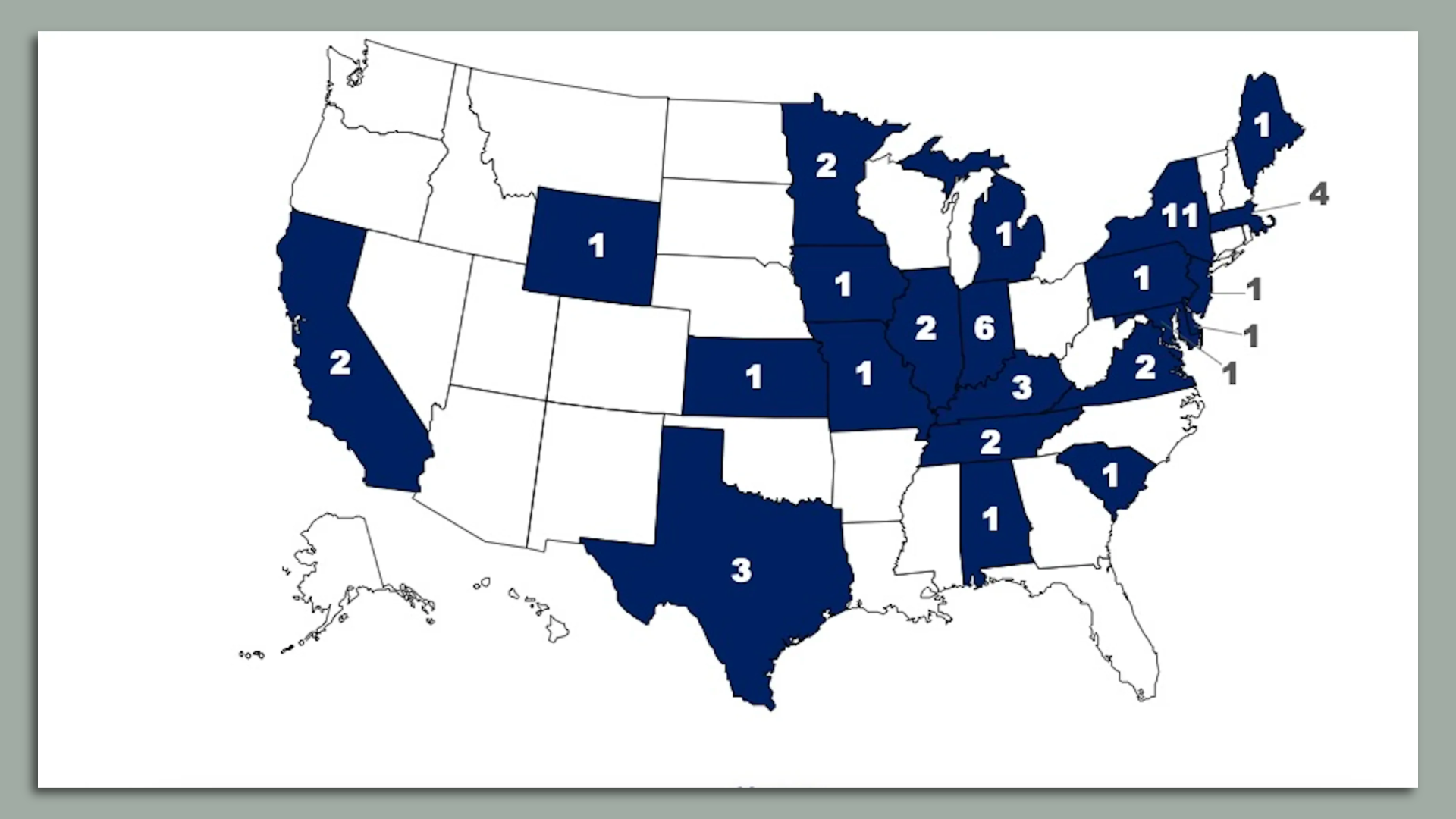 A map of the United States showing the home states of America's vice presidents.