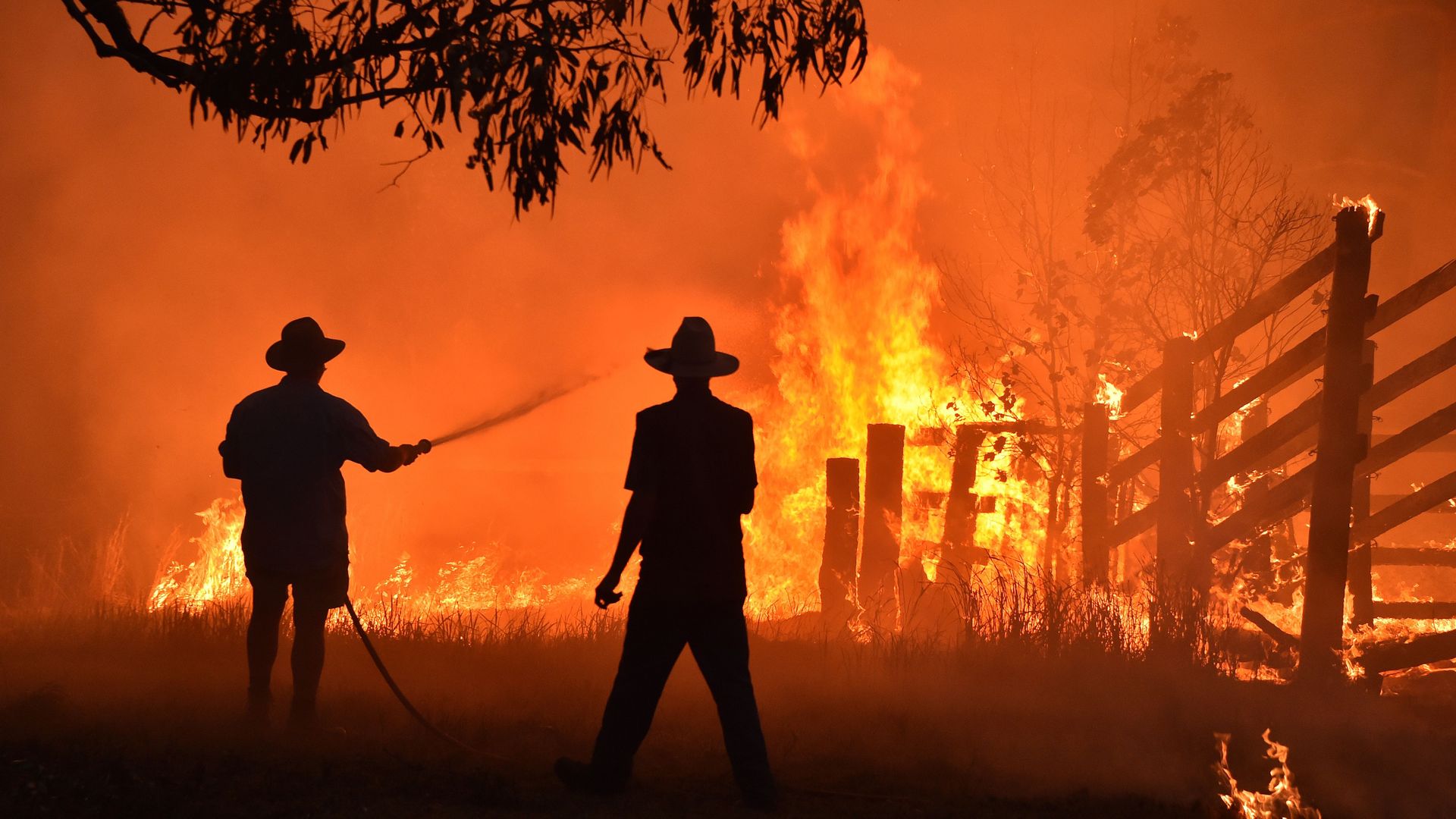 Residents defend a property from a bushfire at Hillsville near Taree, 350km north of Sydney on November 12, 2019. 