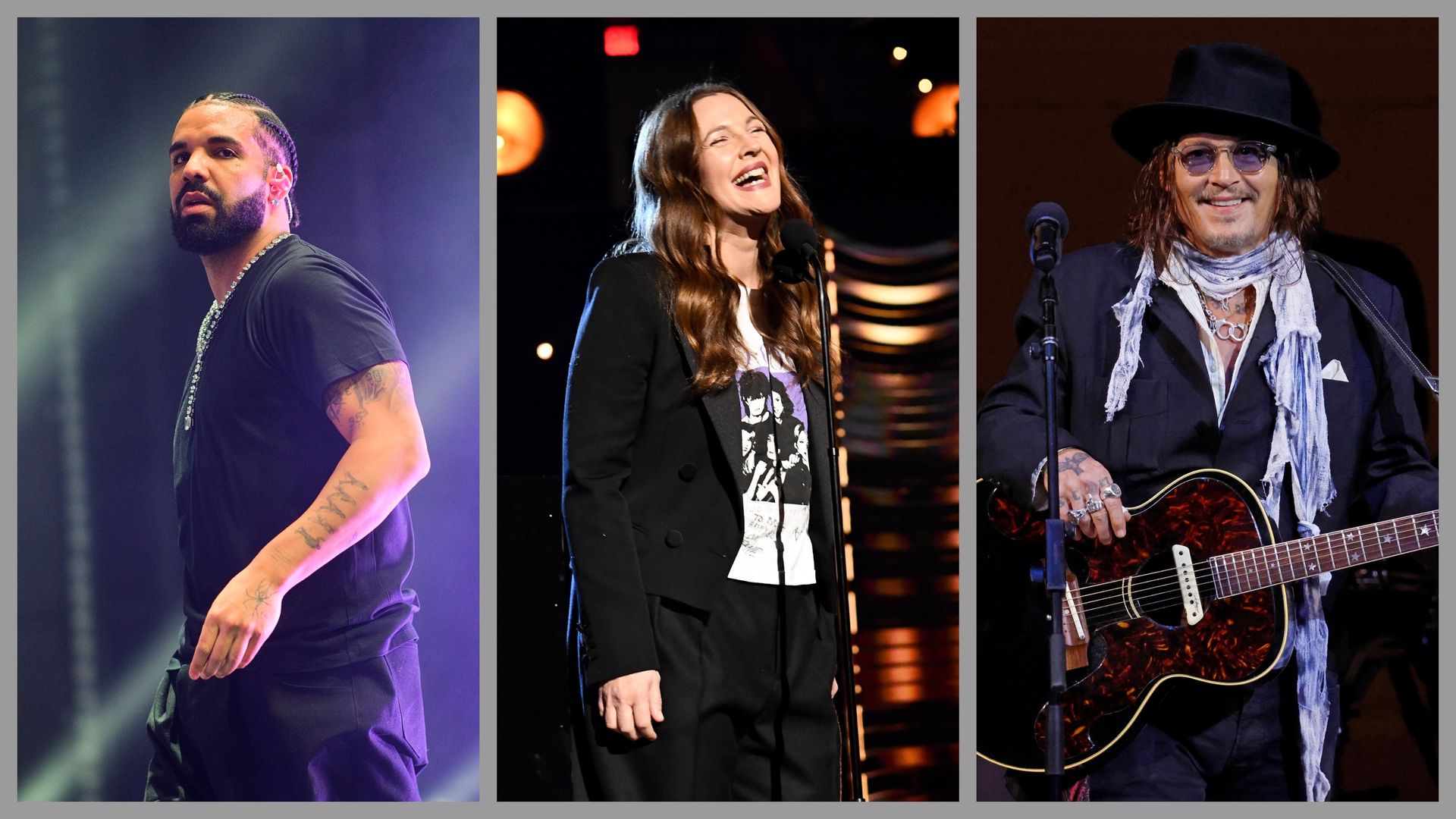 Triptych of performers on stage: left a bearded man in a black shirt with braids; center a smiling woman with long brown hair in a black blazer; right a guitarist in hat, glasses, scarf, and guitar.