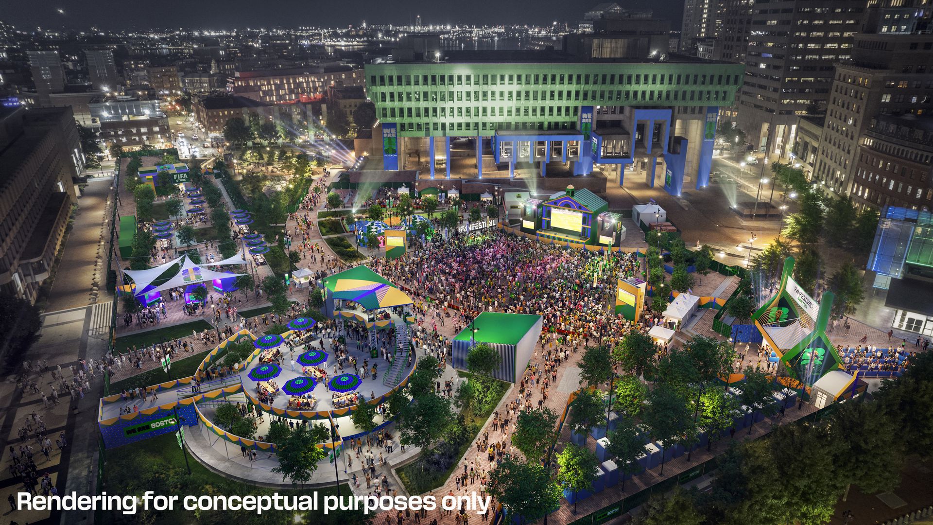 A vibrant nighttime festival in a city plaza with colorful tents, a stage, and a large crowd. The main building is lit green and blue, with banners reading "WE ARE BOSTON".