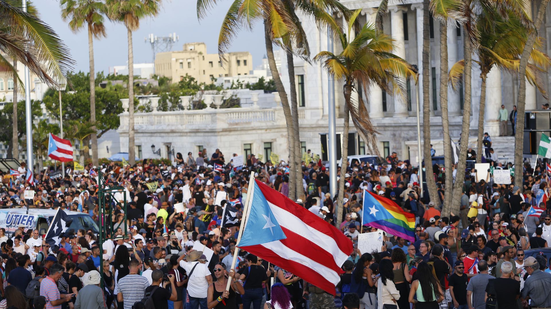 Thousands march to the Capitol Building and the governor's mansion on July 15, 2019 in San Juan, Puerto Rico. 