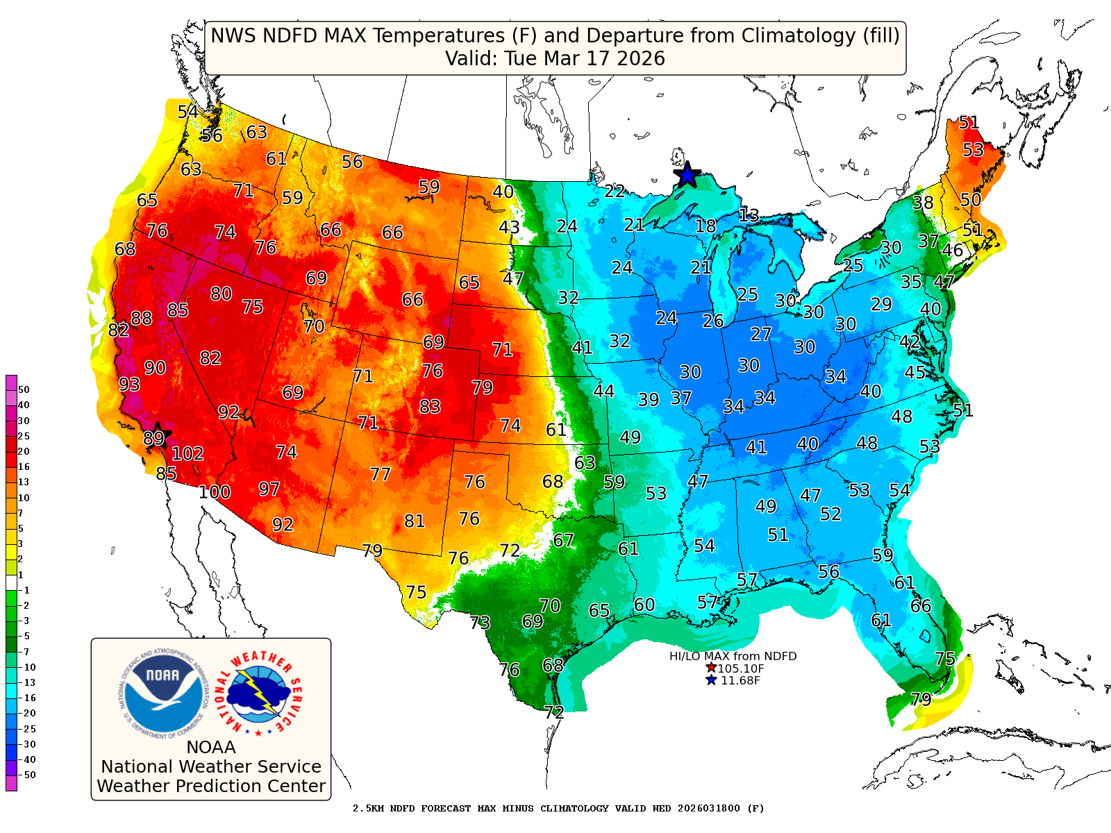 Map of the United States showing NWS NDFD maximum temperatures in °F and departures from climatology for Tue Mar 17, 2026; color scale from blue to red with labeled temperatures; NOAA.
