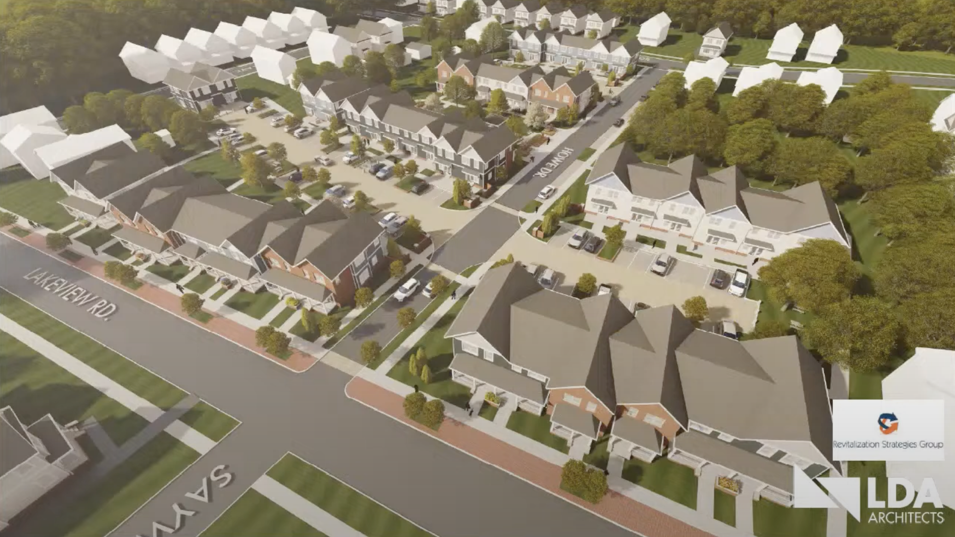 A conceptual rendering of a townhome development