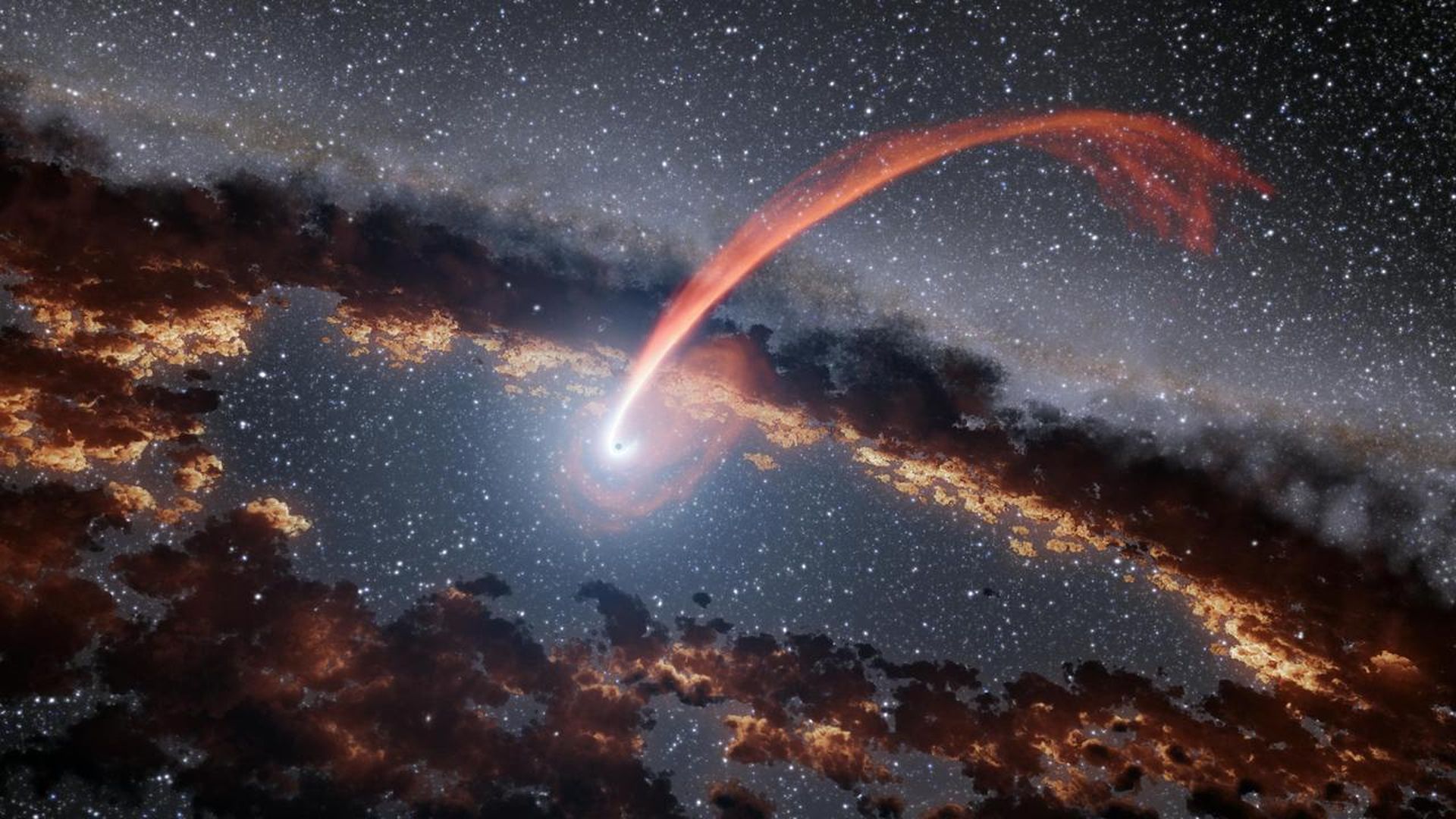 Artist's illustration of a black hole eating a star with black clouds around it.