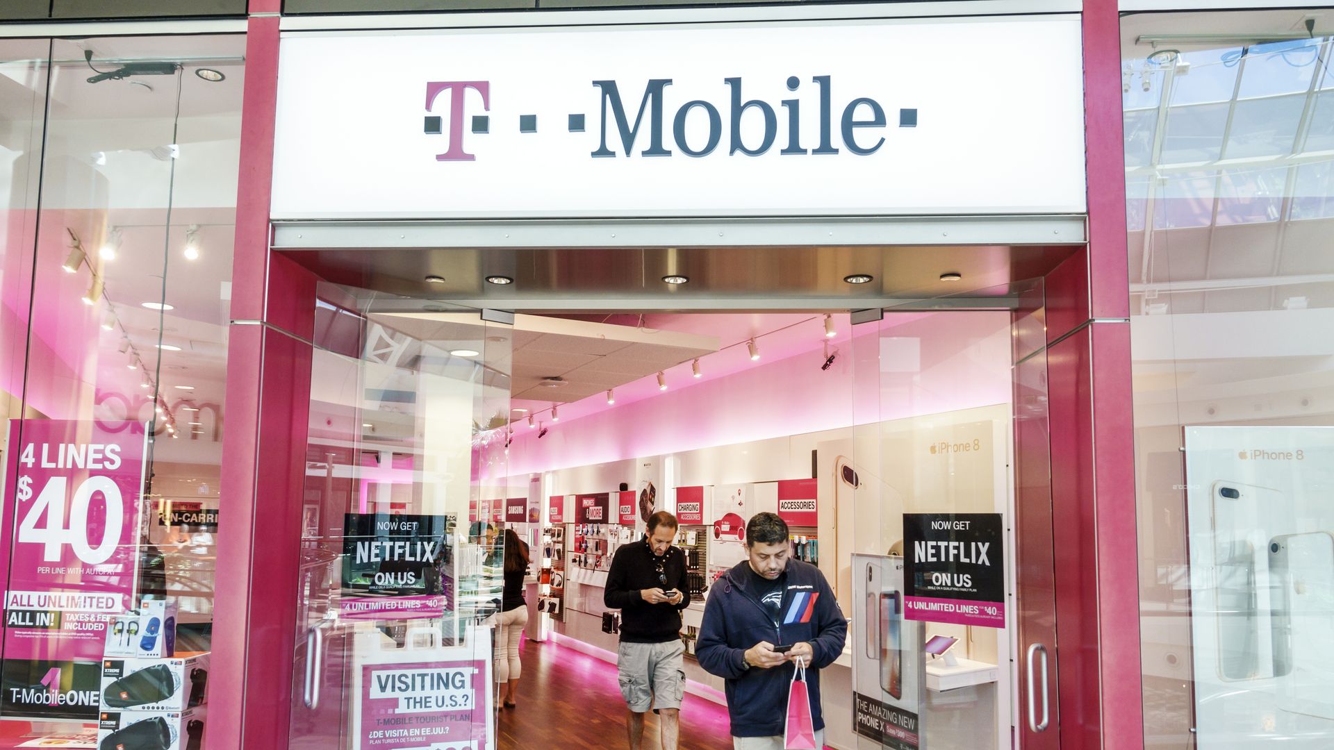 A photo of a T-Mobile storefront in a mall. 