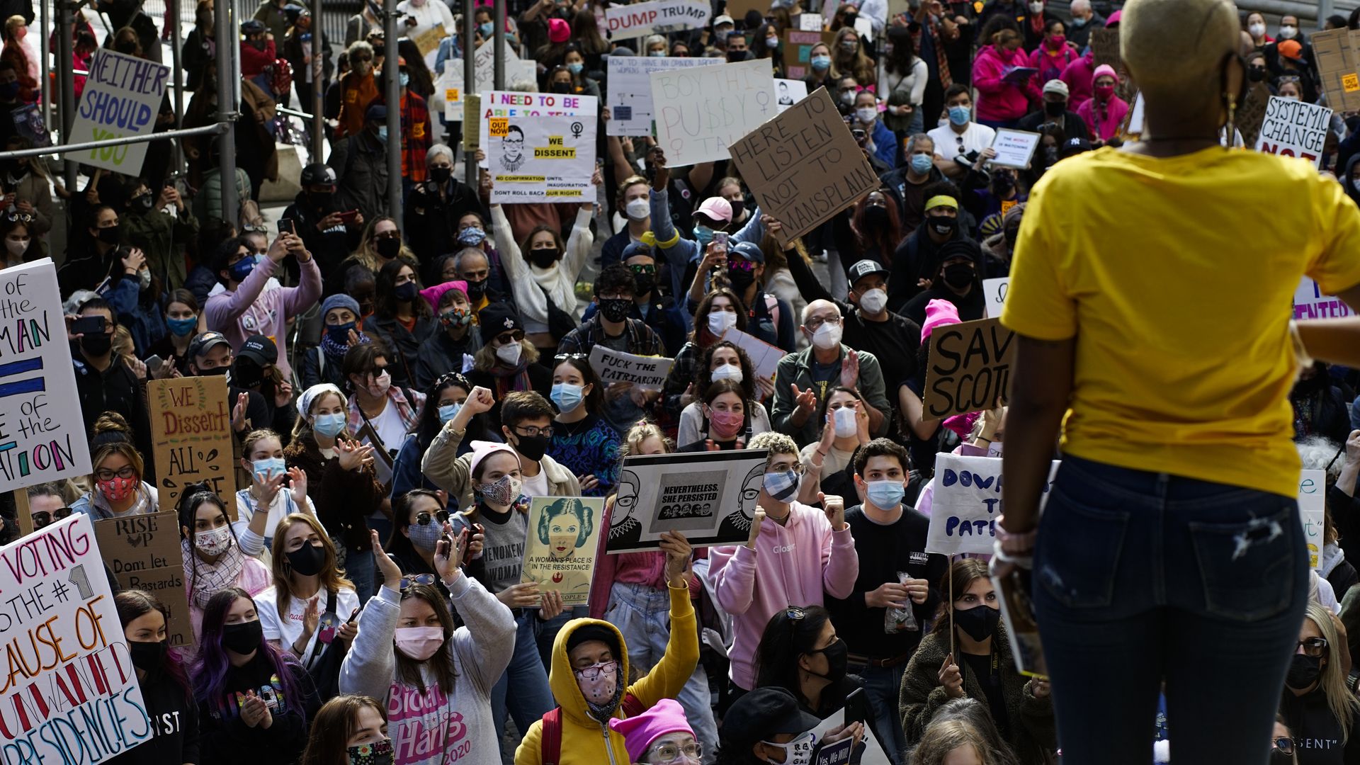 Demonstrators rally as they take part in the nationwide Women's March on October 17, 2020, in New York City. (Photo by Kena Betancur / AFP) (Photo by KENA BETANCUR/AFP via Getty Images)