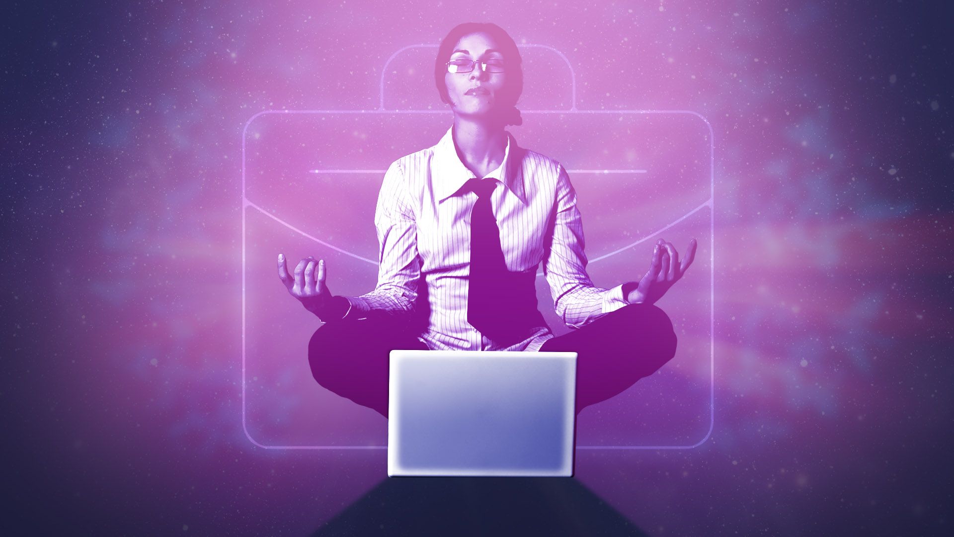 lIllustration of a meditating worker in front of a laptop with a glowing briefcase and abstract space behind her