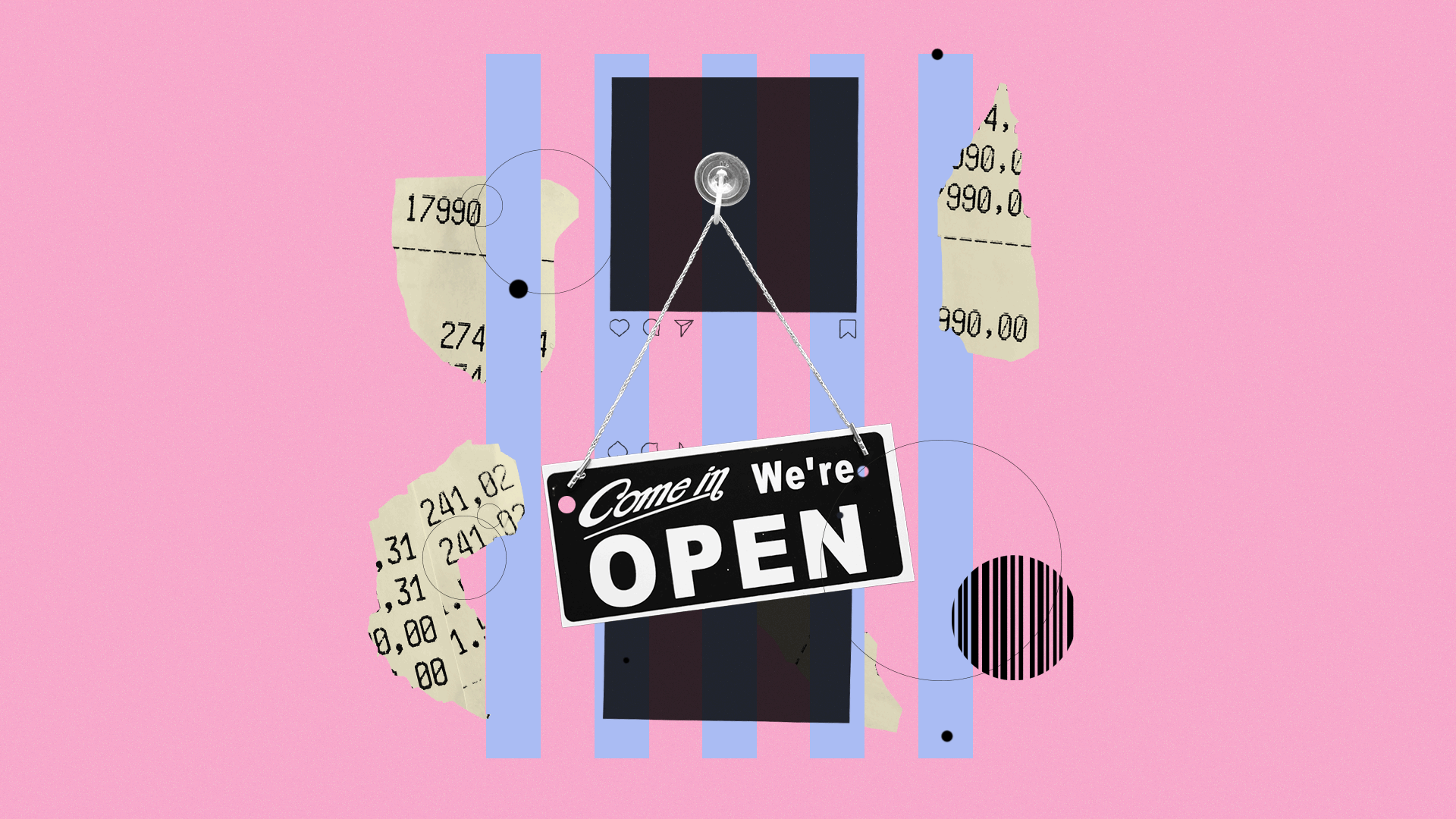 Animated illustrated collage of a scrolling social media feed with a "Come in we're open" sign stuck on top of it surrounded by torn receipts, barcode patterns and circles. 