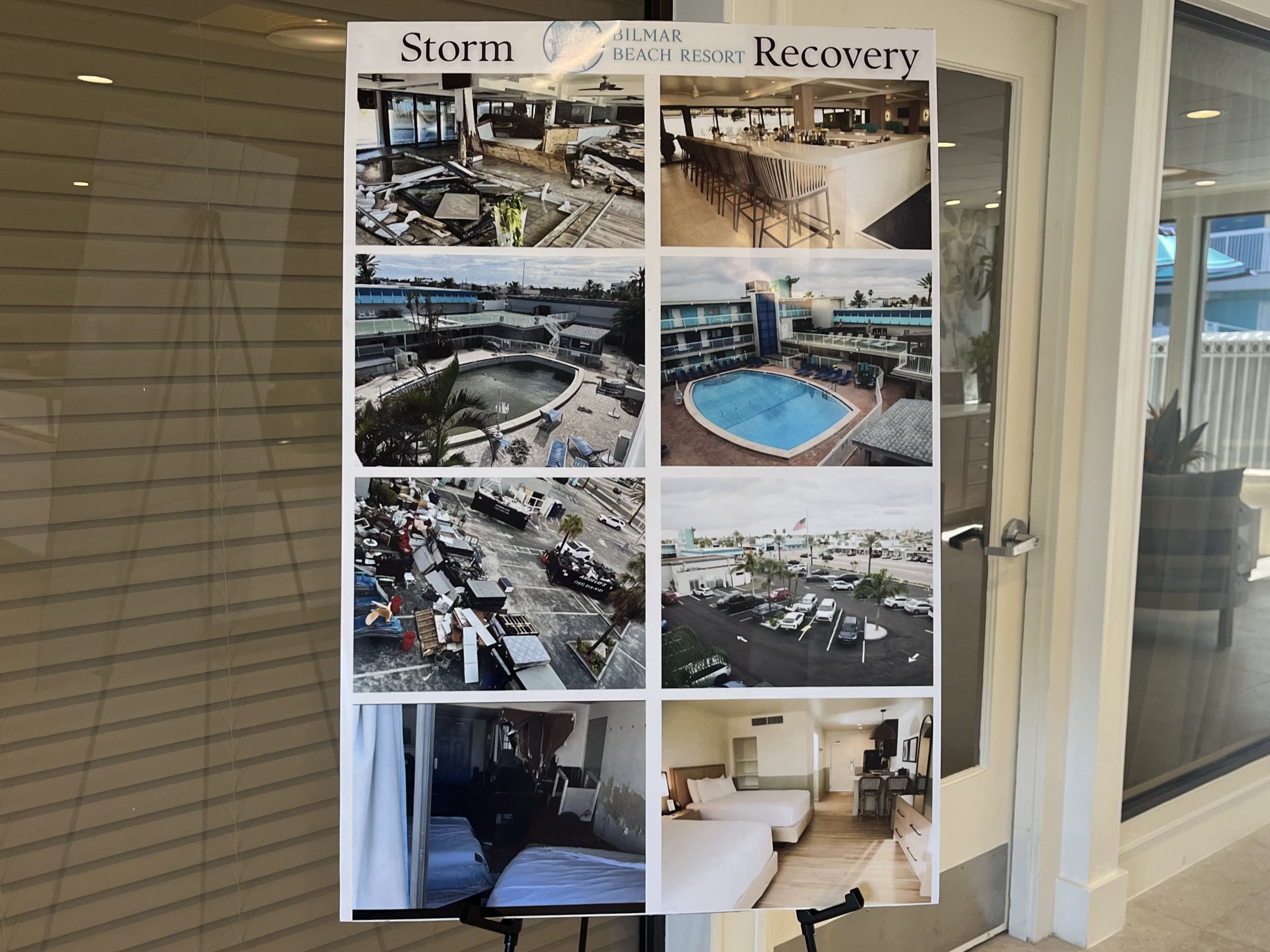 Comparison poster of Bilmar Beach Resort showing storm damage on the left and recovery progress on the right, including damaged interiors, pool, parking lot, and restored rooms.