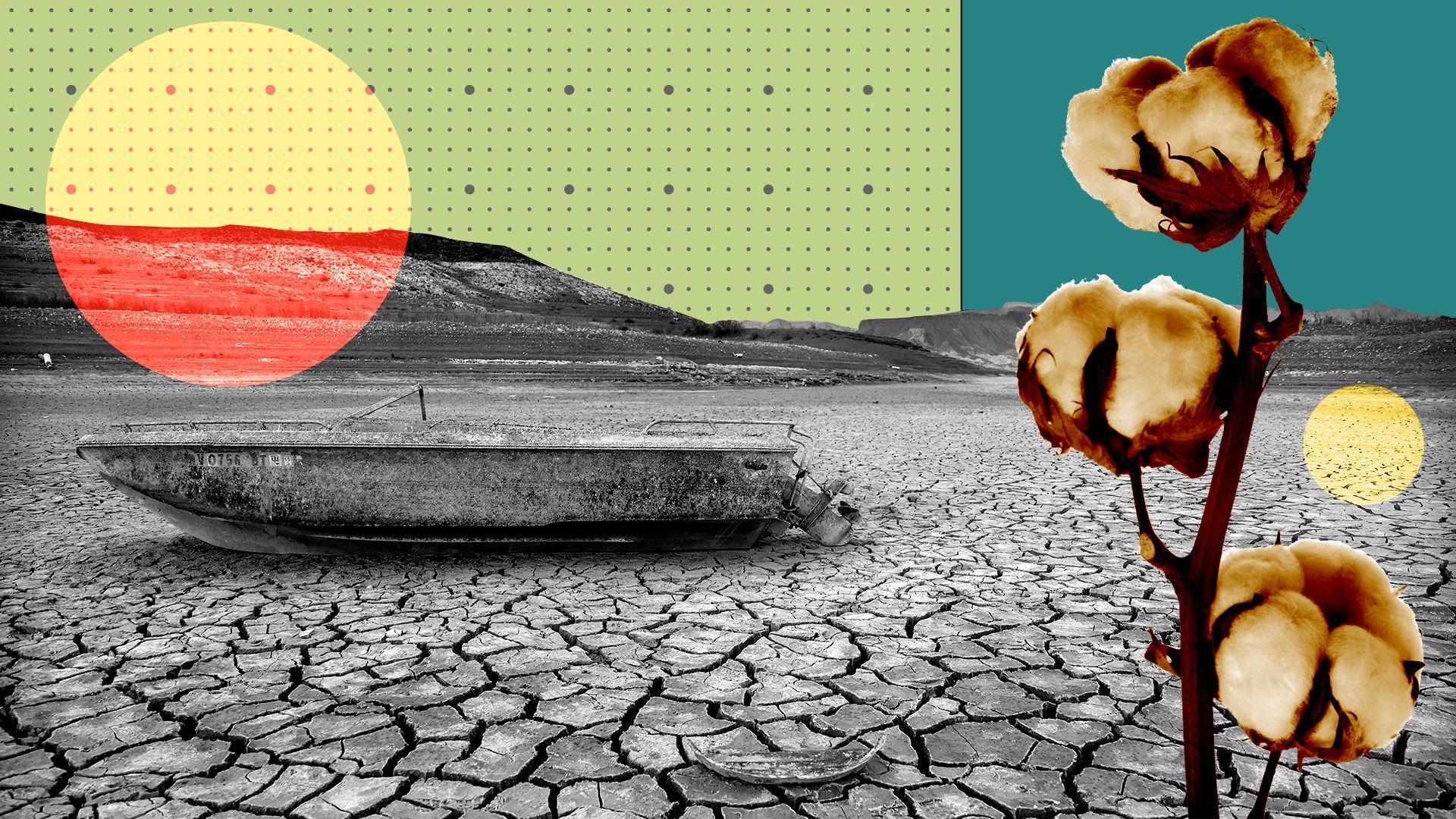 Photo illustration of a dried out section of Lake Mead with a cotton plant and abstract shapes.