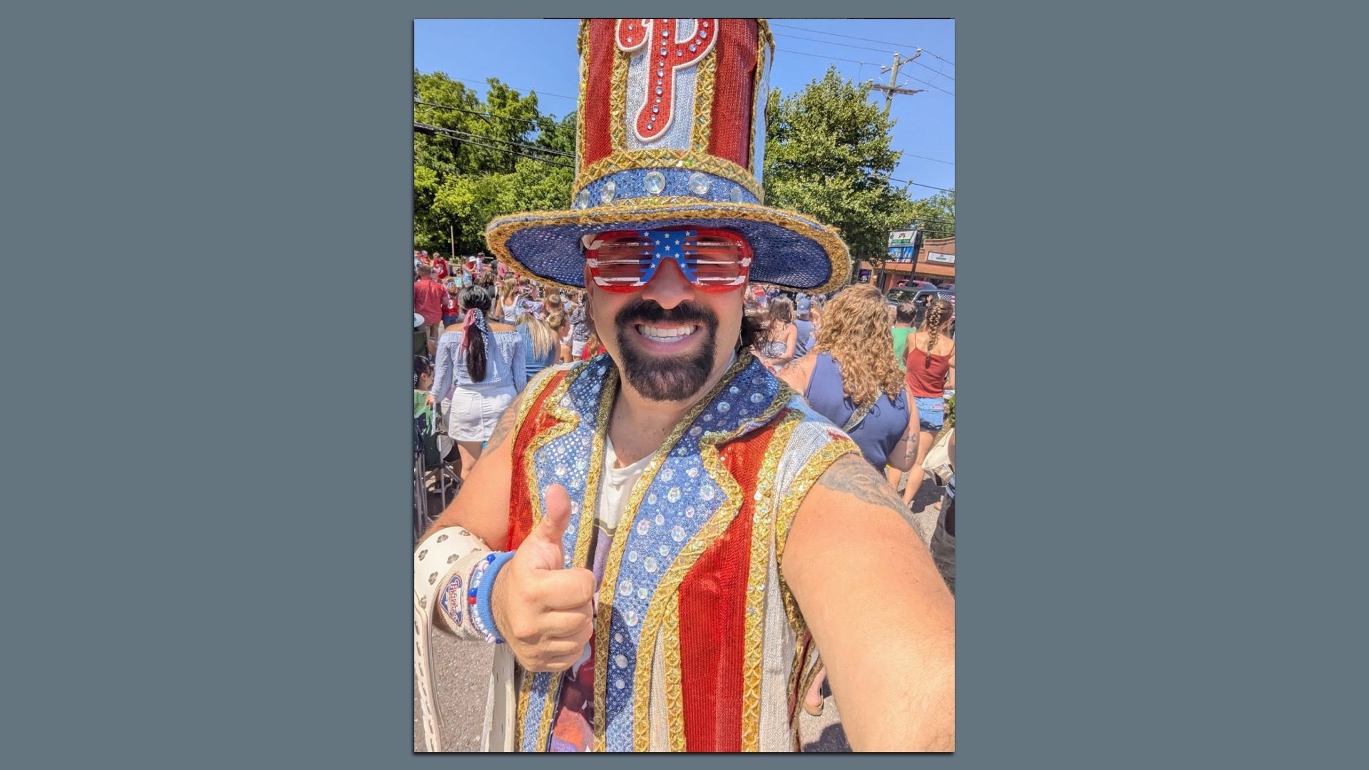 "Tornado" Tony Penecale in an Uncle Sam get-up giving a thumbs-up.