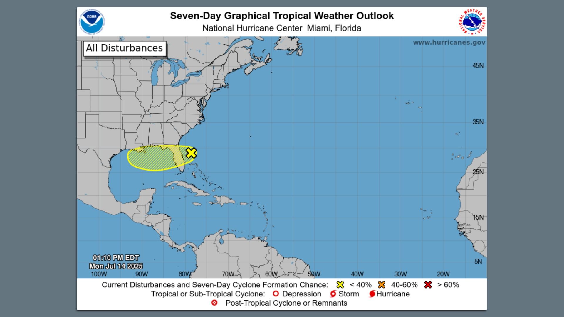 Map showing a yellow-shaded area with diagonal lines in the Gulf of Mexico and Florida, indicating a tropical disturbance with less than 40% cyclone formation chance.