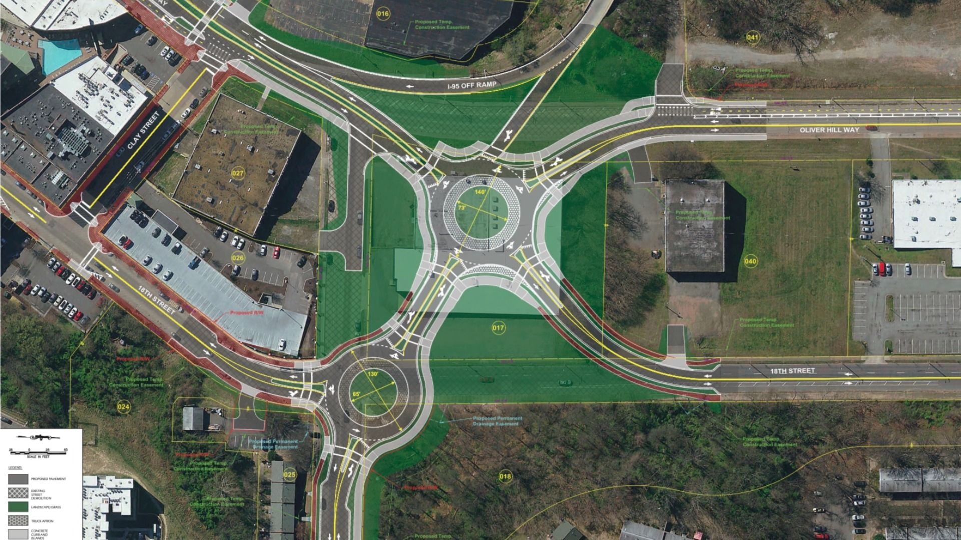 Aerial view of a redesigned multi-lane roundabout with surrounding roads named Clay Street, Oliver Hill Way, and 18th Street; features green zones and traffic overlays.