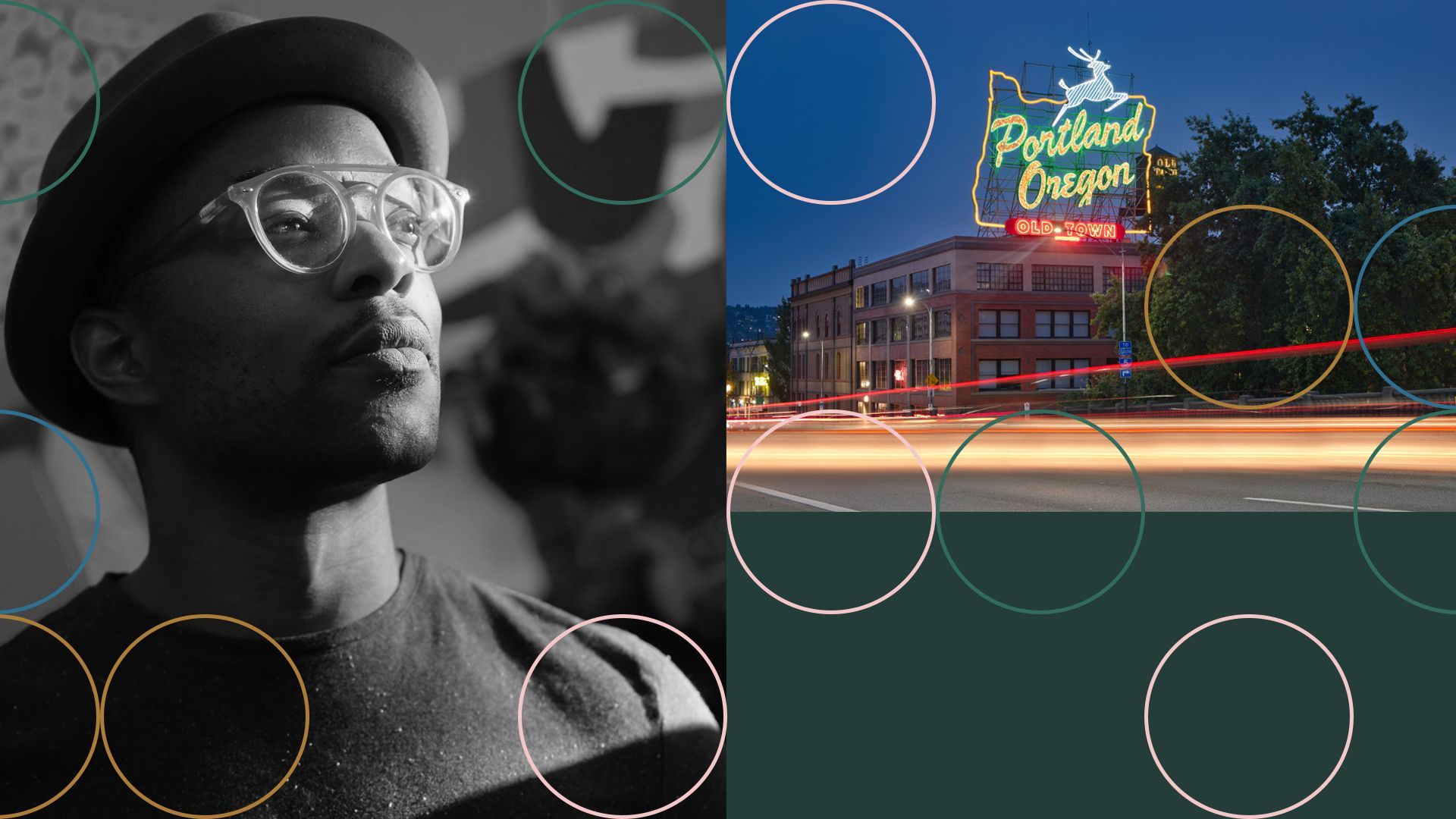 Photo illustration collage of Vin Shambry surrounded by abstract shapes and the Portland, Oregon sign. 