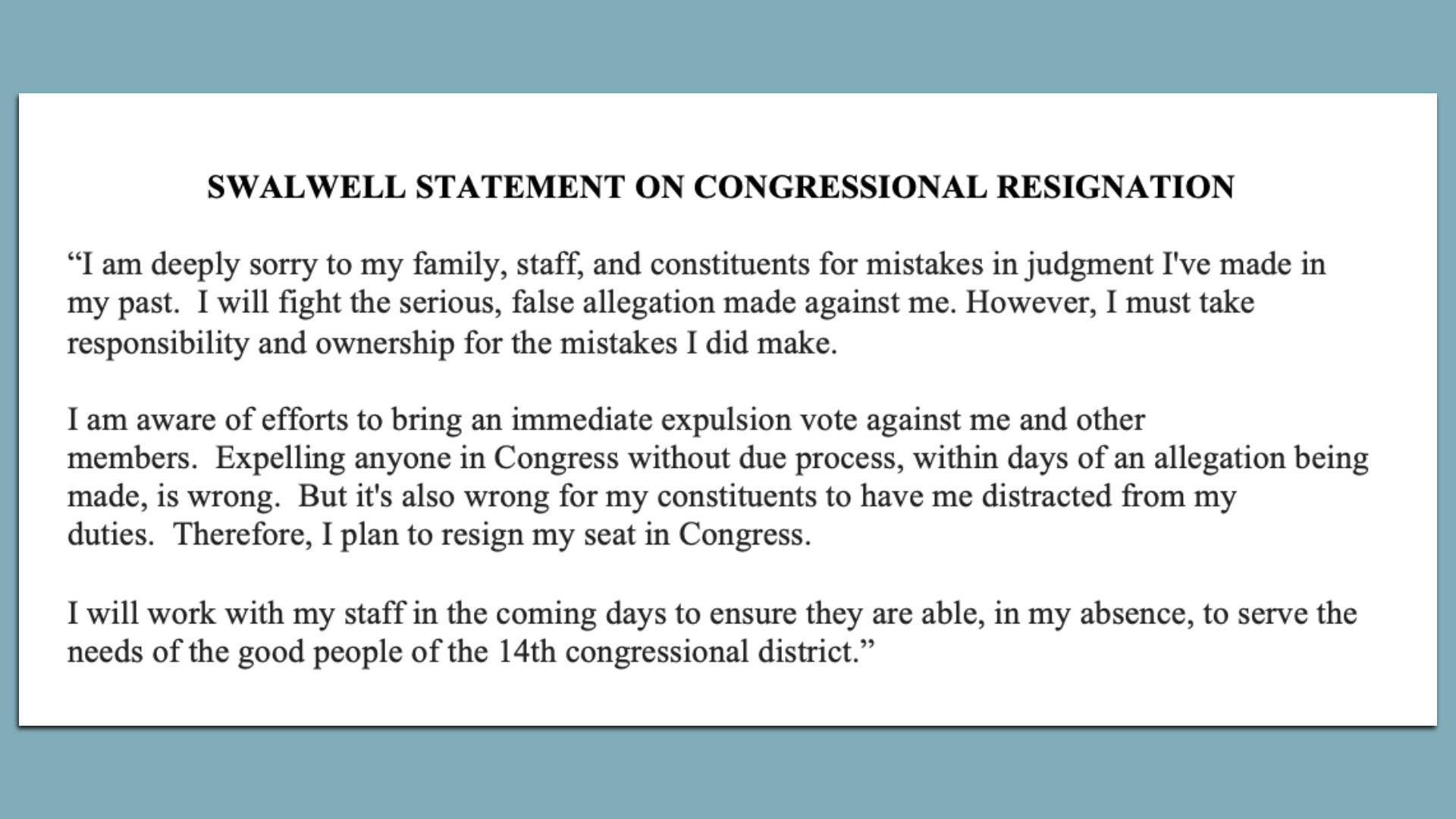 White document on a teal background, featuring a bold title about congressional resignation; several paragraphs with apologies, responsibility, and plans to resign.