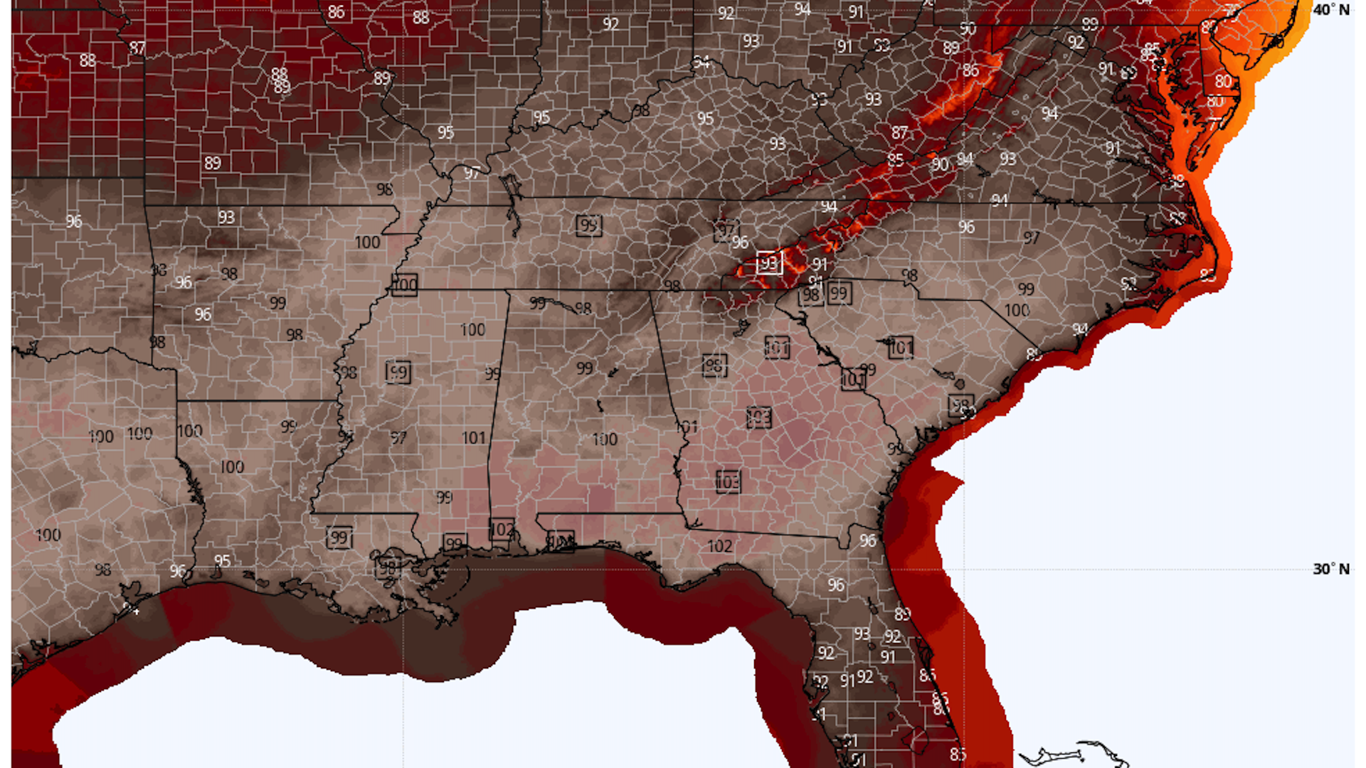 Forecast high temperatures including daily records across the Southeast on June 22, 2022.