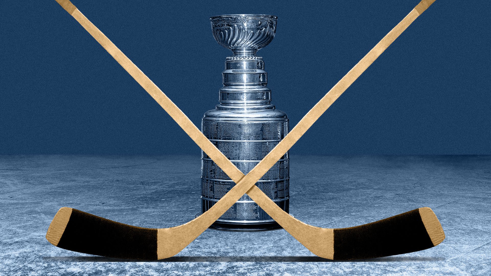 Photo illustration of two hockey sticks in front of the Stanley Cup on ice.