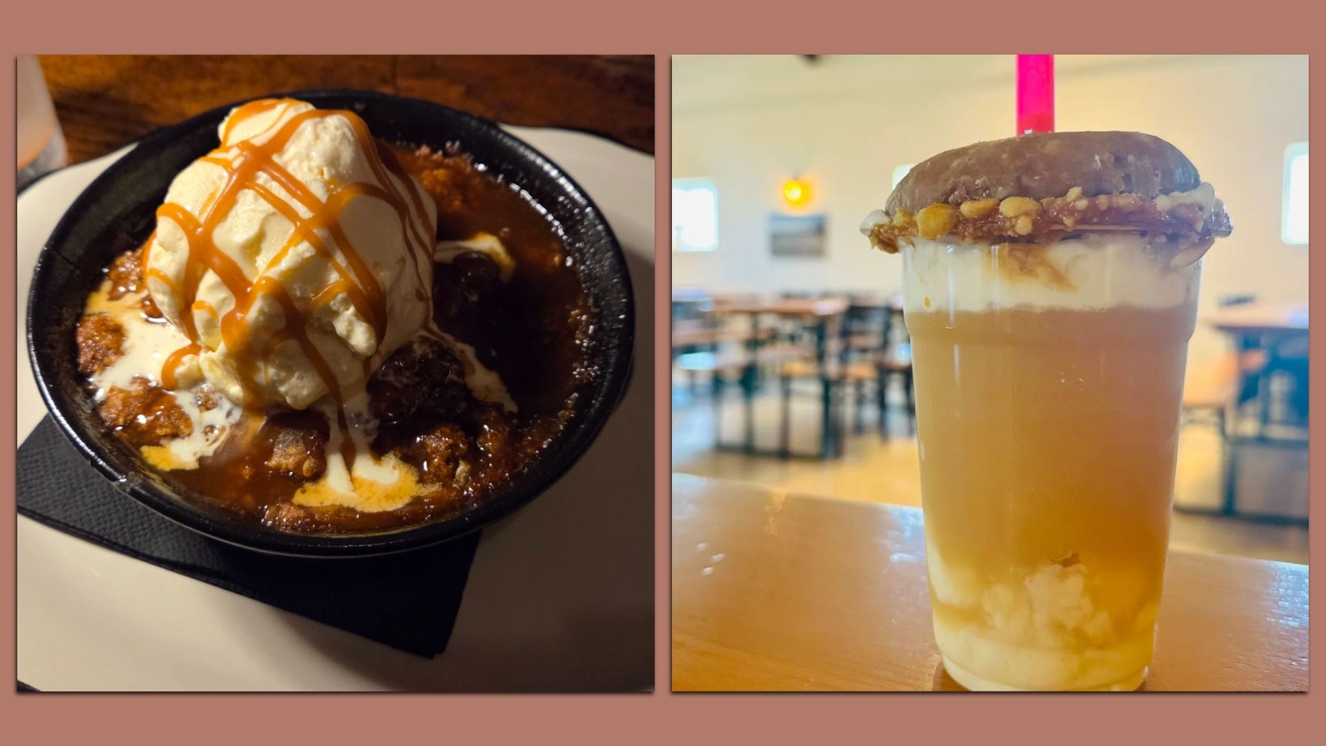 Left image shows warm dessert with vanilla ice cream and caramel drizzle in a black bowl. Right image shows a creamy drink topped with a chocolate-covered donut with nuts and a pink straw in a cafe.