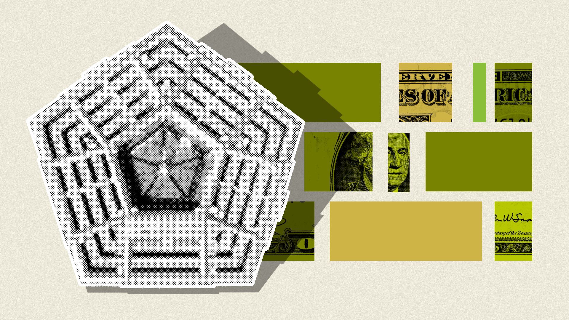 Illustration of the Pentagon with pieces of a dollar next to it