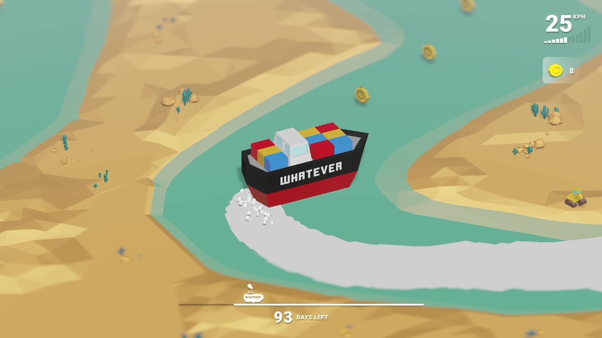 A screenshot of a video game graphic showing a cargo ship named "Whatever" navigating a narrow passage of water with land on both sides.