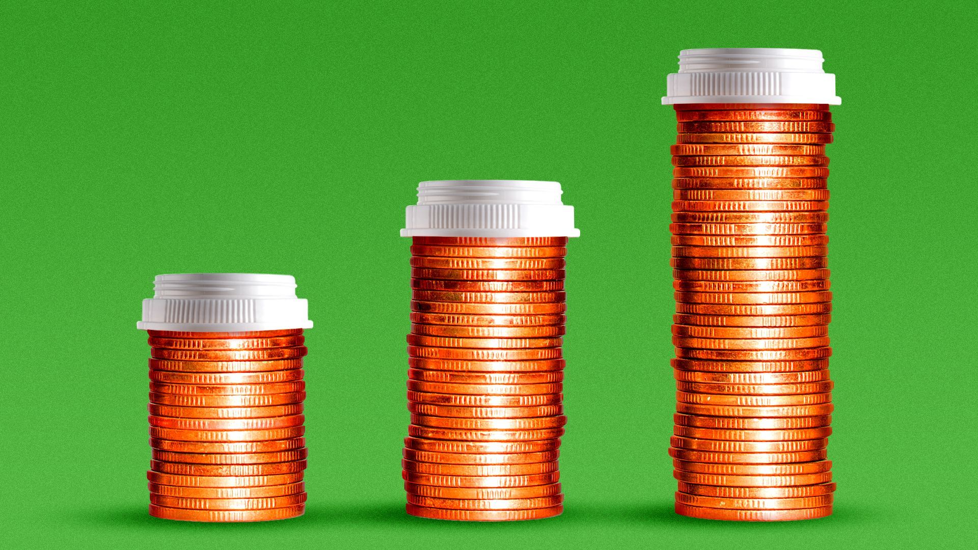 Illustration of three prescription pill bottles made from stacks of coins, organized by ascending height.