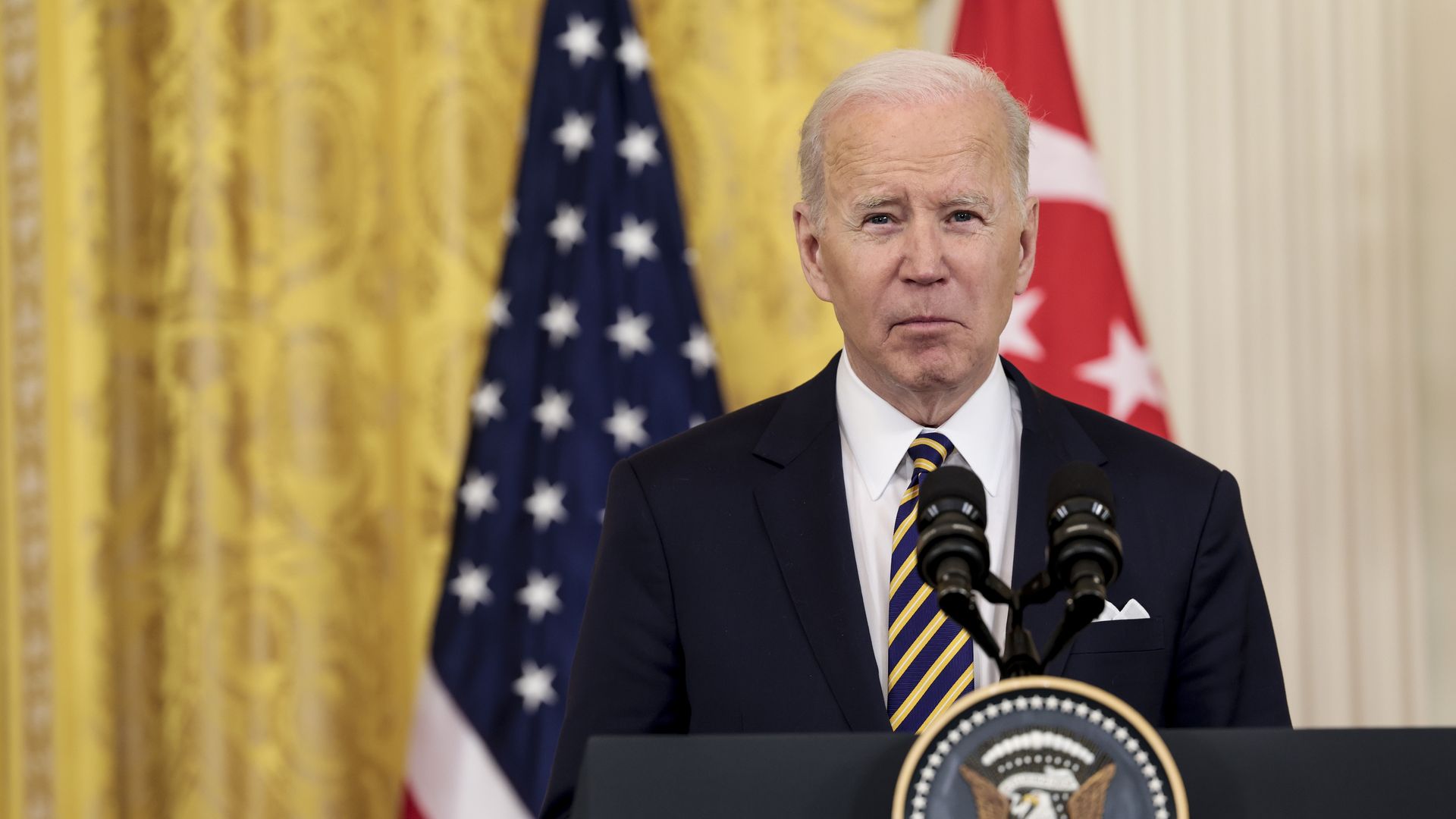  President Joe Biden delivers remarks alongside Prime Minister Lee Hsien Loong of Singapore in the East Room of the White House on March 29, 2022 in Washington, DC.