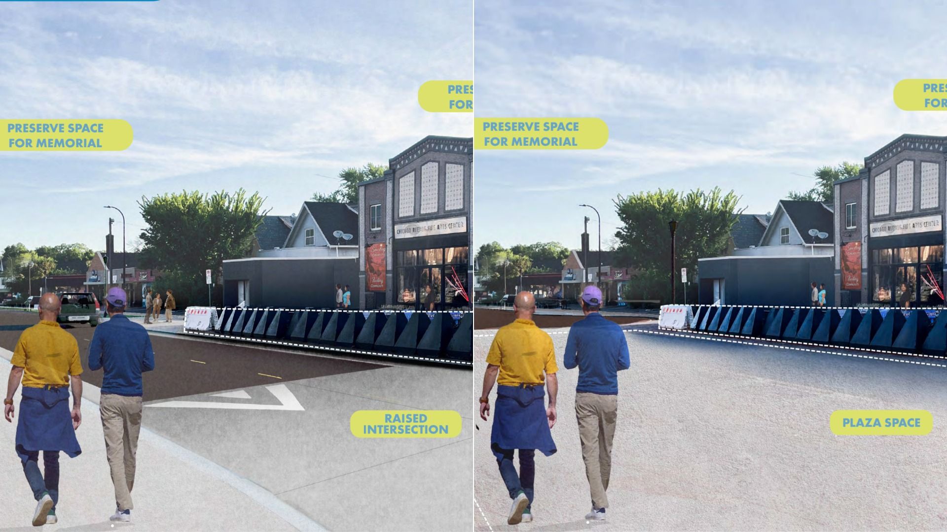 Side-by-side images of a street corner with two men walking; left side shows a raised intersection, right side shows a plaza space, both with blue barriers and text labels about preserving memorial space.
