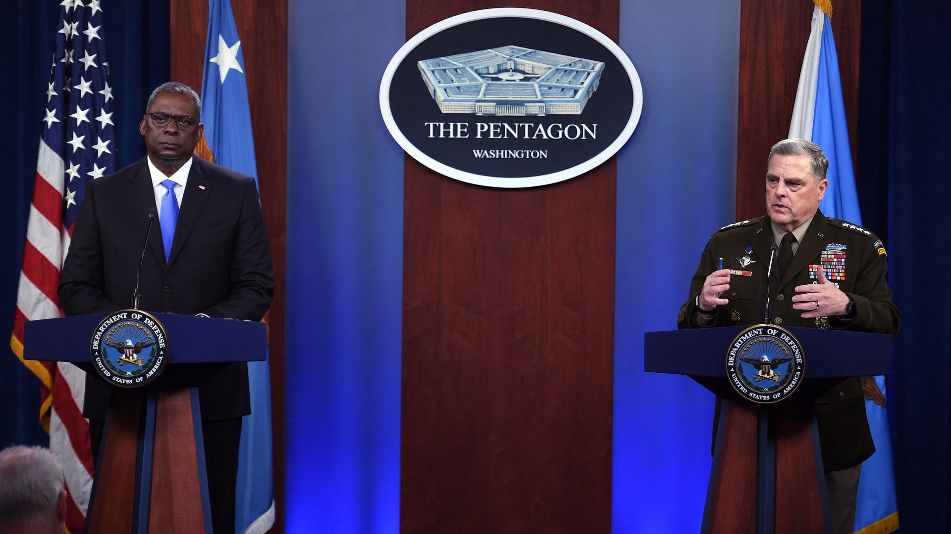 US Defense Secretary Lloyd Austin (L) and Chairman of the Joint Chiefs of Staff, General Mark Milley, hold a press conference on July 21, 2021.
