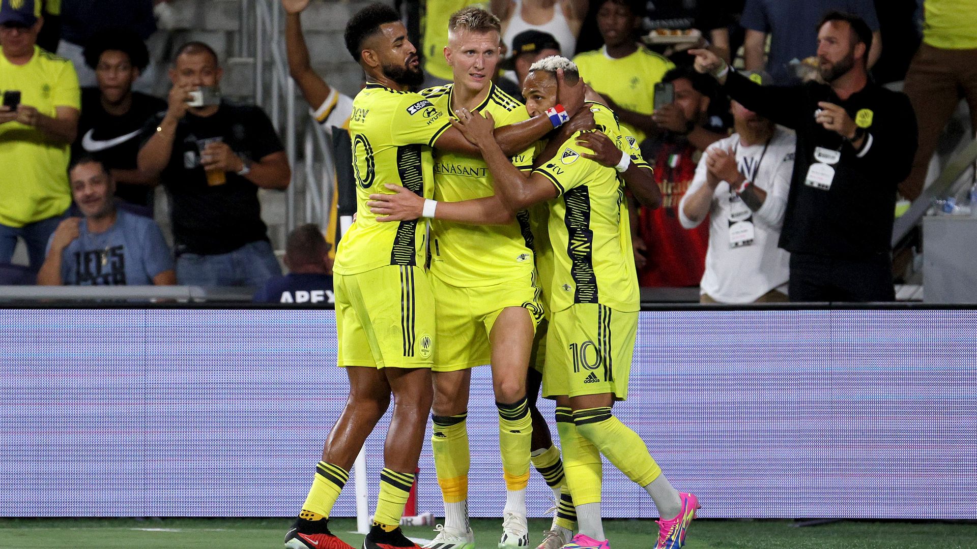 Nashville SC players celebrate after their semifinal victory in the Leagues Cup.