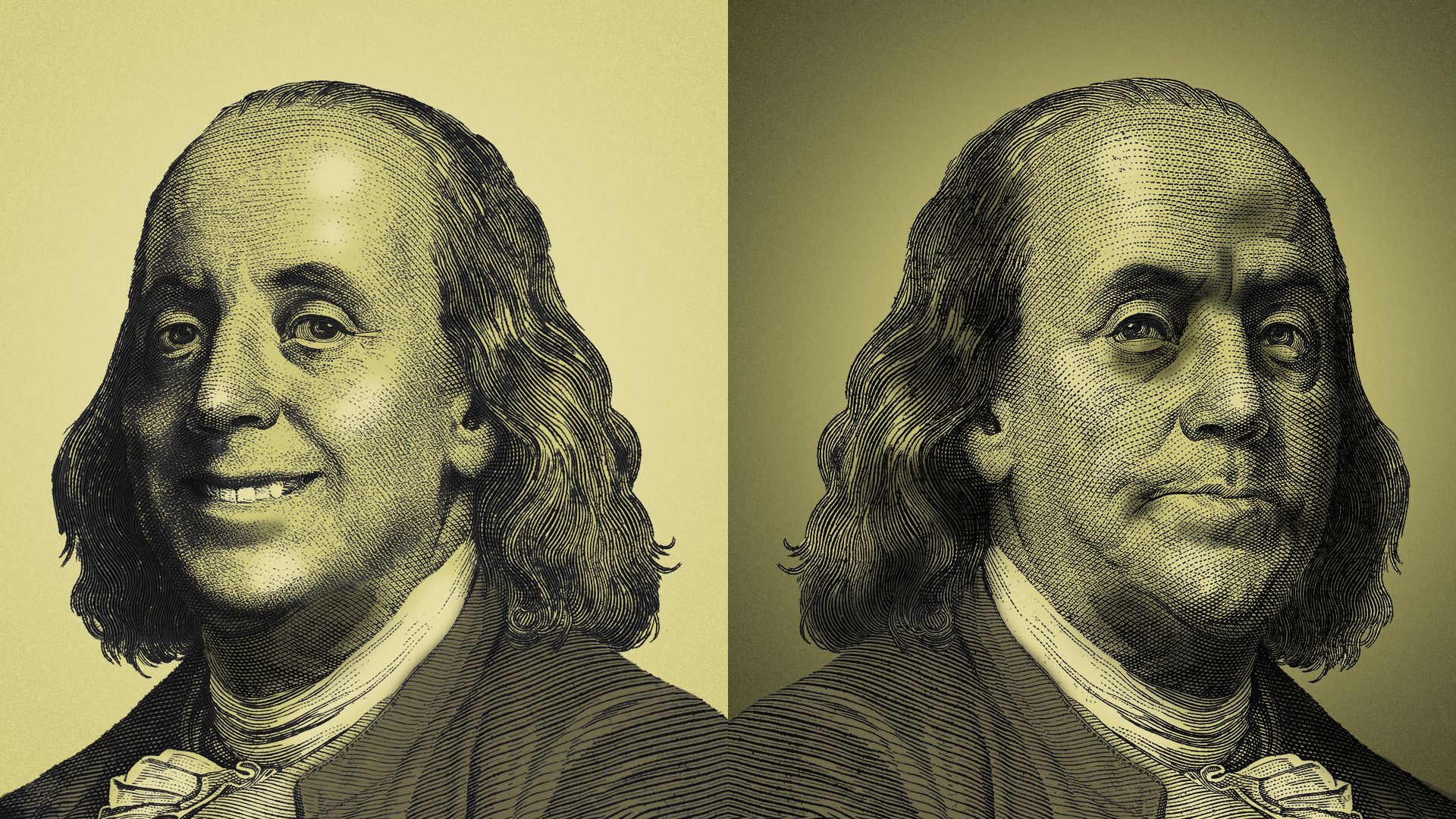 Illustration of a smiling Ben Franklin on the left, and an angry Ben Franklin on the right