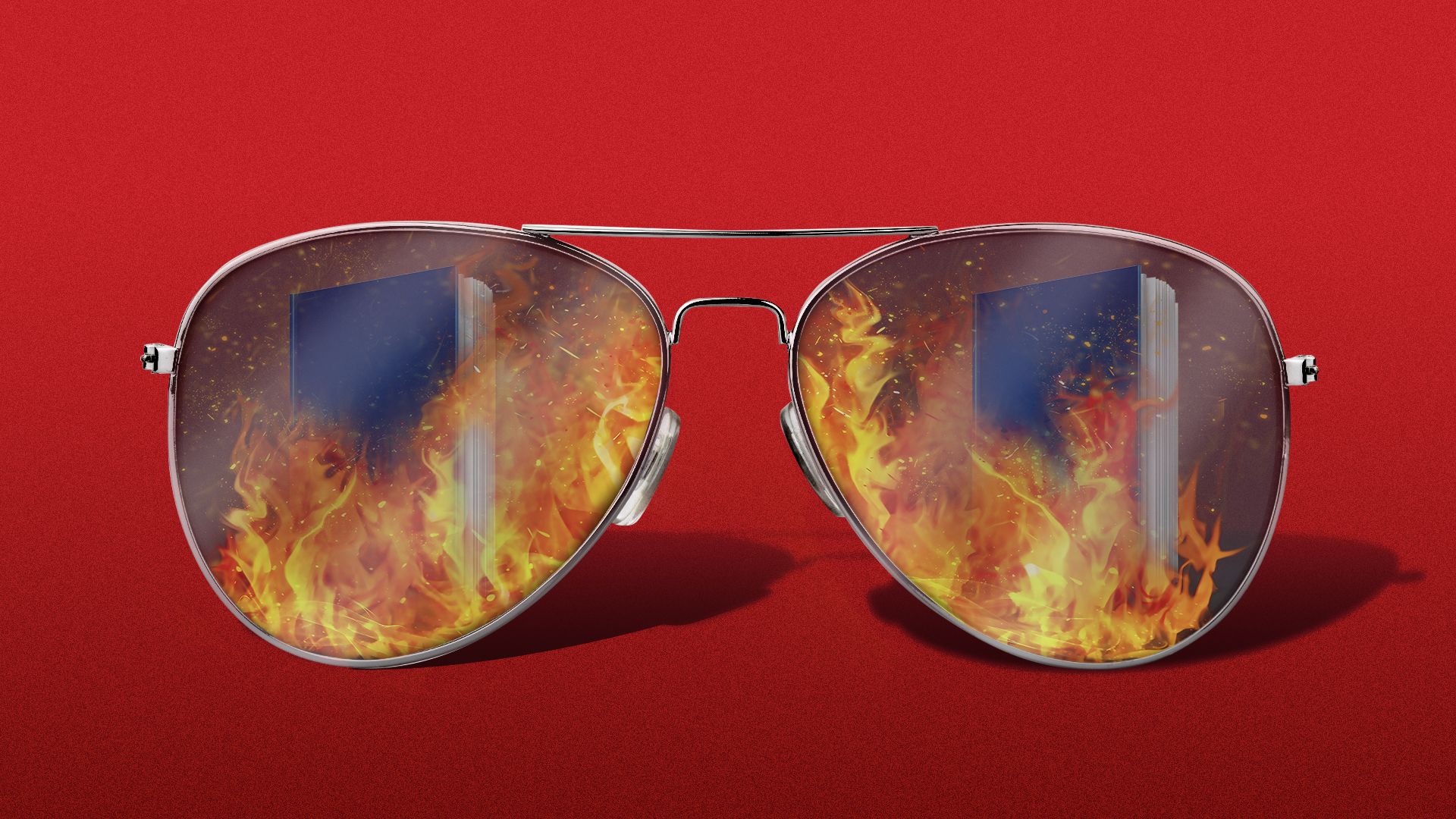 Illustration of a burning book reflected in aviator sunglasses.