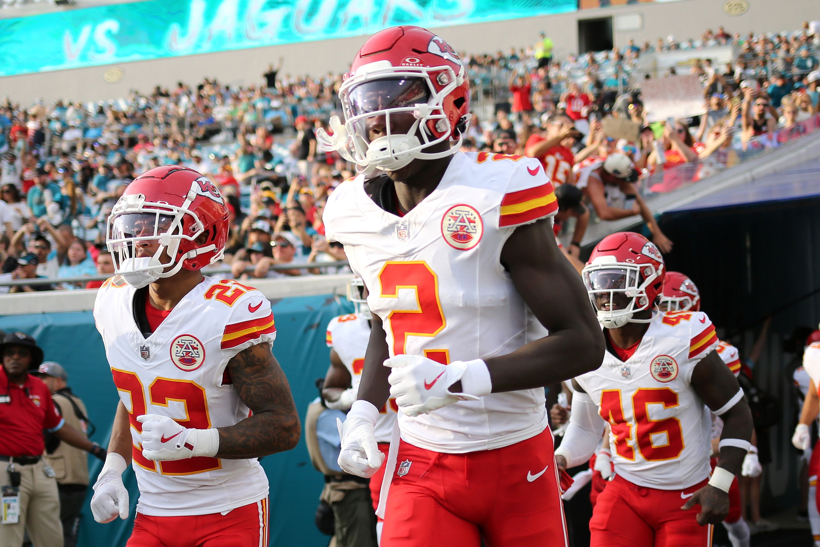 Joshua Williams #2 of the Kansas City Chiefs enters the field before a preseason game against the Jacksonville Jaguars at EverBank Stadium on August 10, 2024 in Jacksonville, Florida. (Photo by Courtney Culbreath/Getty Images)
