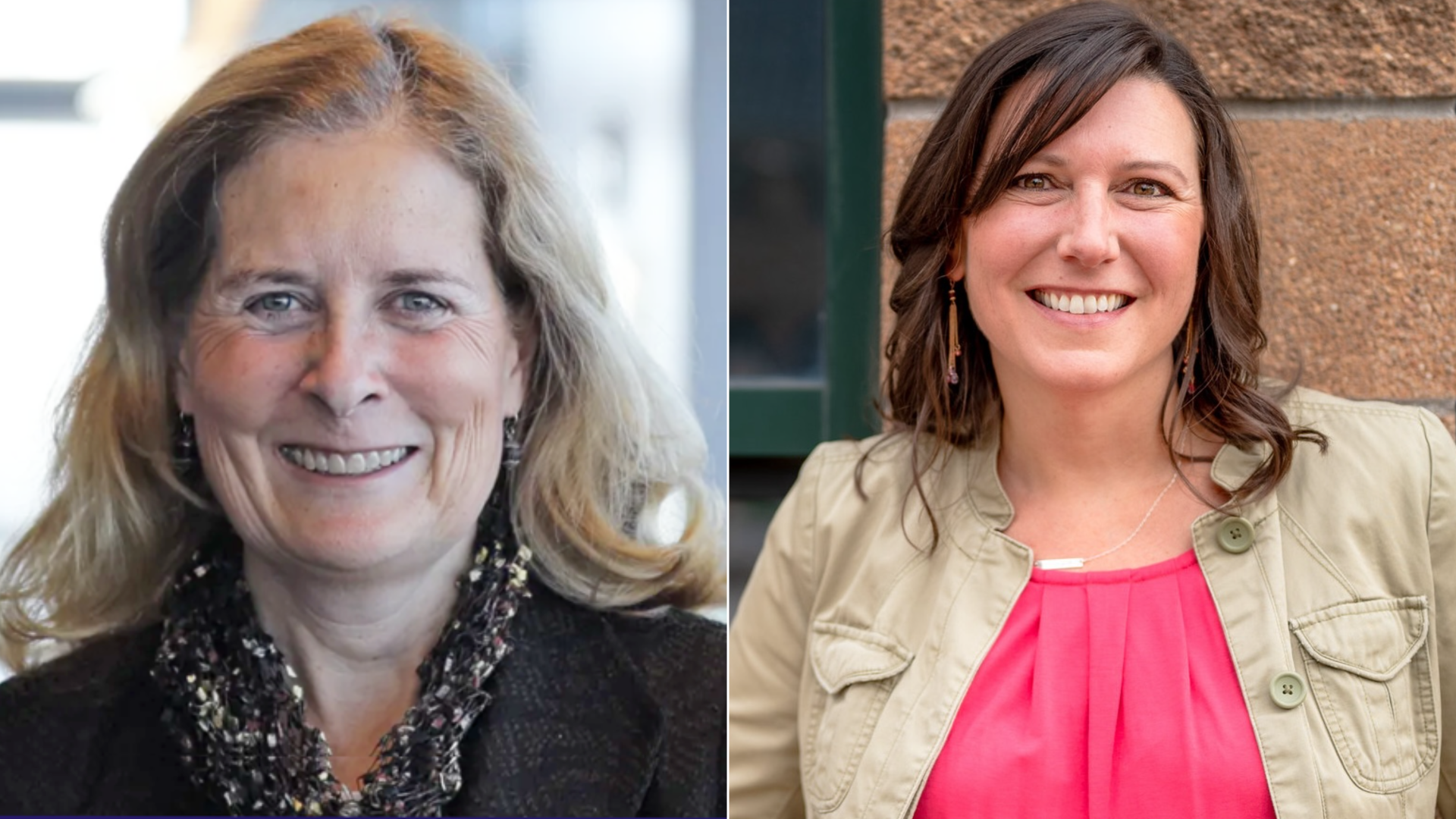 Two images side by side showing women smiling, with one women wearing a dark jacket, while another woman wears a beige jacket and a pink top. 