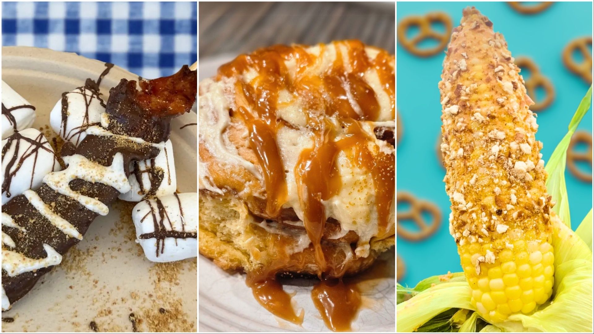 A collage of three photos. On the left, chocolate-covered bacon sits on a paper plate with marshmallows. In the middle, a cinnamon bun topped with caramel. On the right, a corn on the cub covered in tan crunch bits with in front of a blue backdrop patterned with illustrations of pretzels.