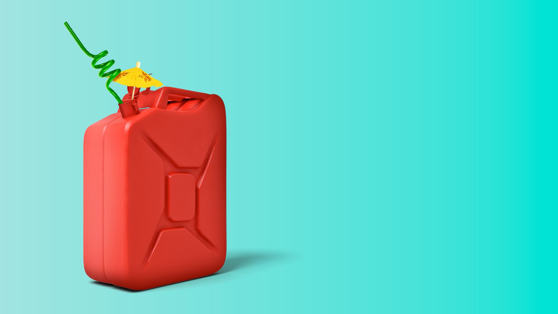 Illustration of a gas can with a straw and umbrella in the nozzle. 