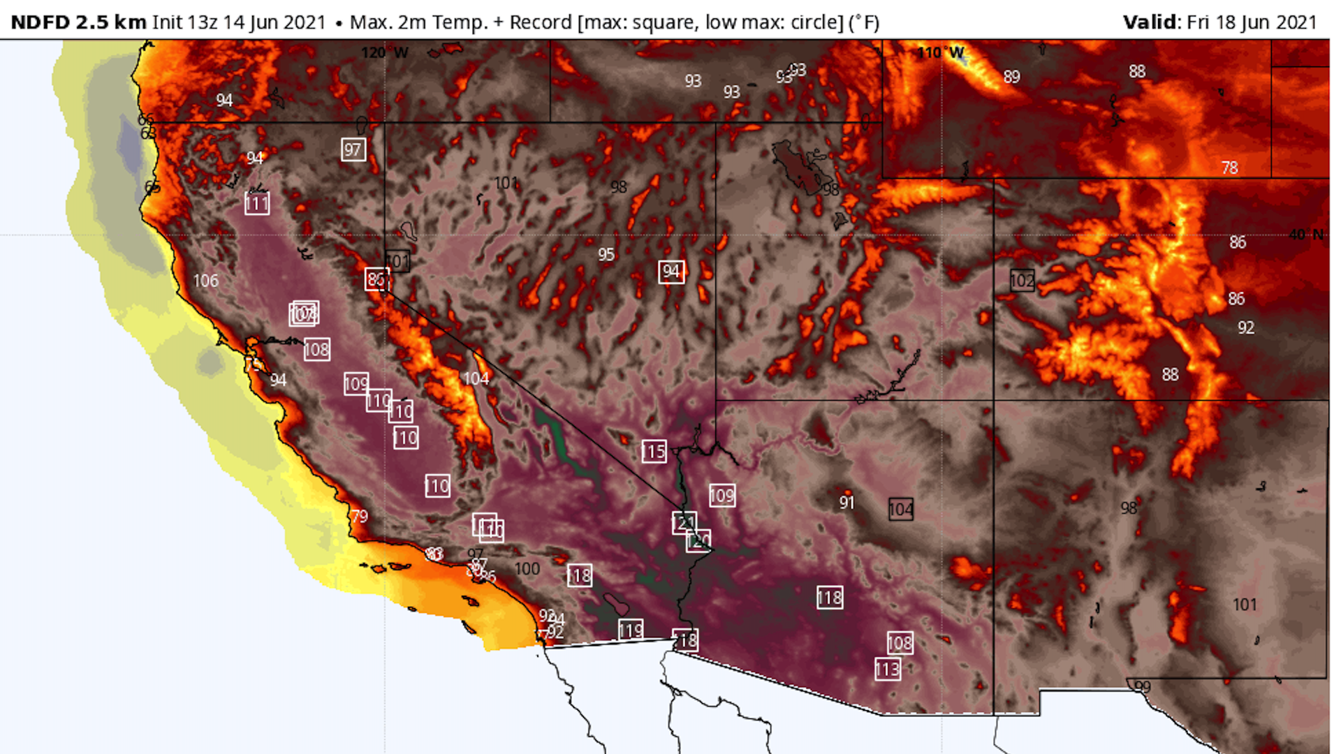 Map showing extreme heat in Southwest U.S.