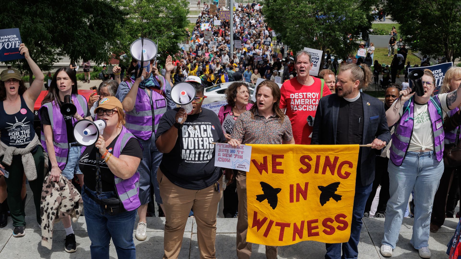 Demonstrators against the redrawing of Tennessee's Congressional map march to the Tennessee State Capitol in Nashville, Tennessee, US, on Tuesday, May 5, 2026.
