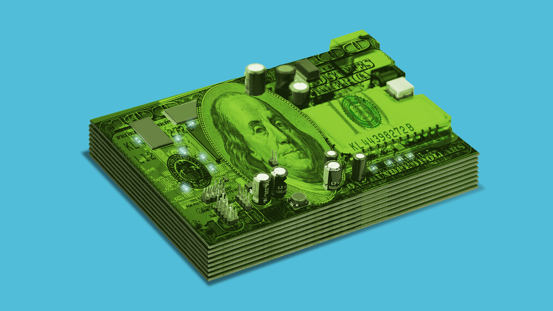 Illustration of a stack of circuit boards shaped like hundred dollar bills