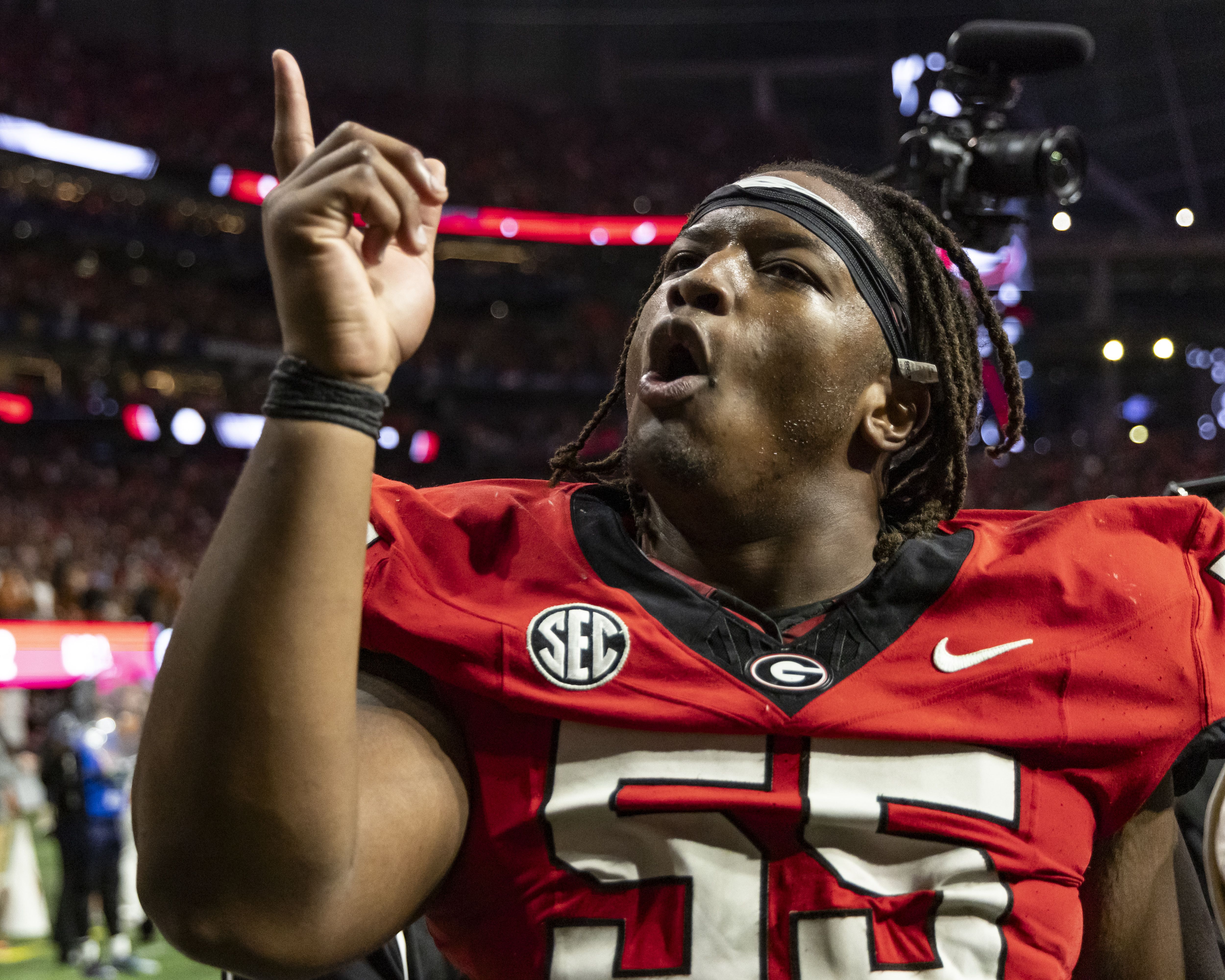 Jared Wilson #55 of the Georgia Bulldogs celebrates after a game between the Georgia Bulldogs and the Texas Longhorns at Mercedes-Benz Stadium on December 7, 2024 in Atlanta, Georgia. (Photo by Steve Limentani/ISI Photos/Getty Images)