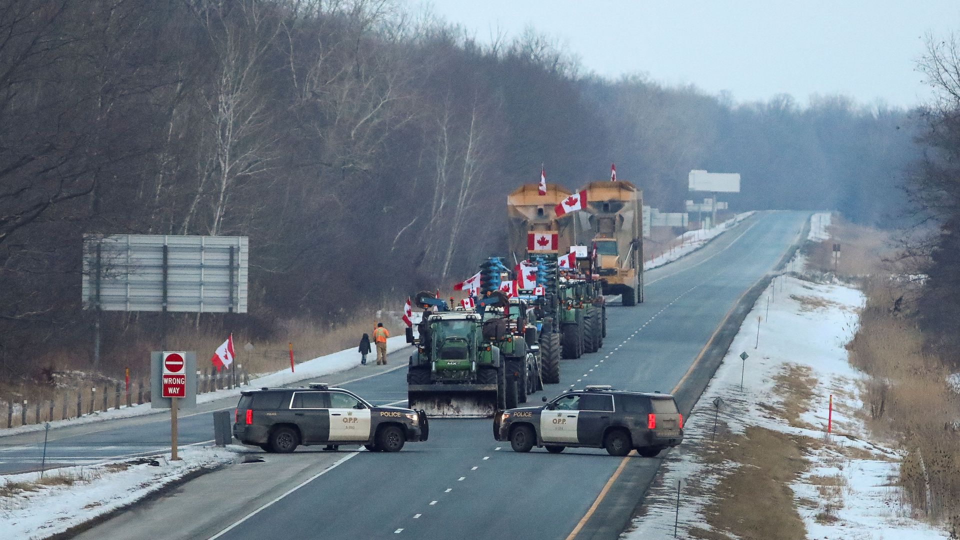 Protesters block a highway to the Blue Water Bridge border crossing — a key trade artery to the U.S. — in Ontario, Canada, yesterday.