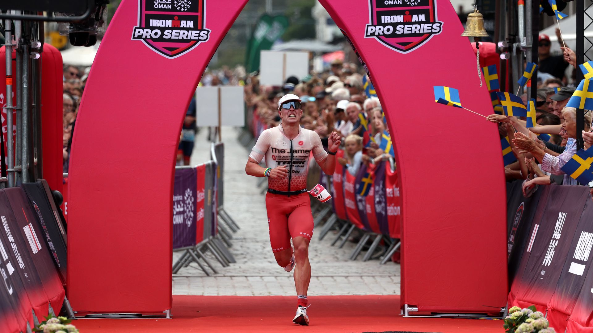 Matthew Marquardt crosses the finish line in the Ironman Men's Pro Series event in Kalmar, Sweden