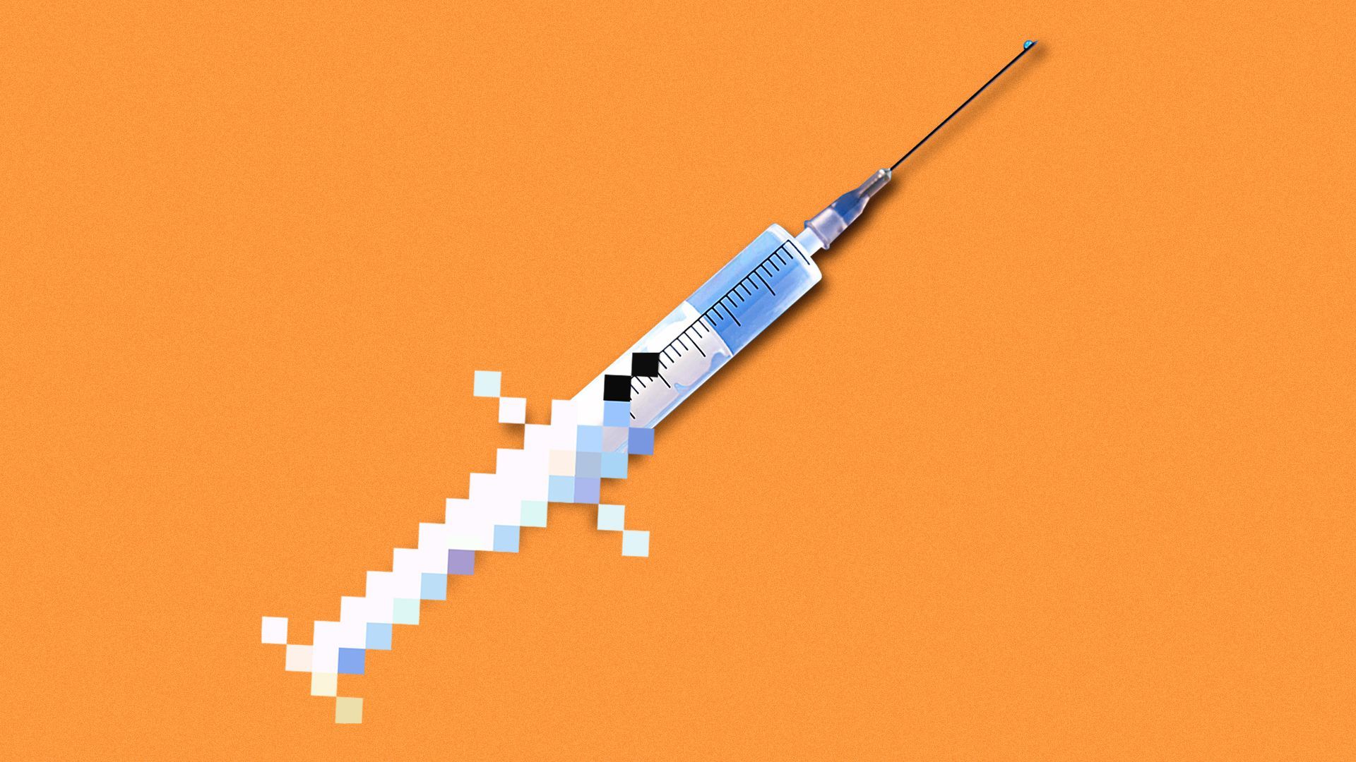 Illustration of a pixelated vaccine syringe