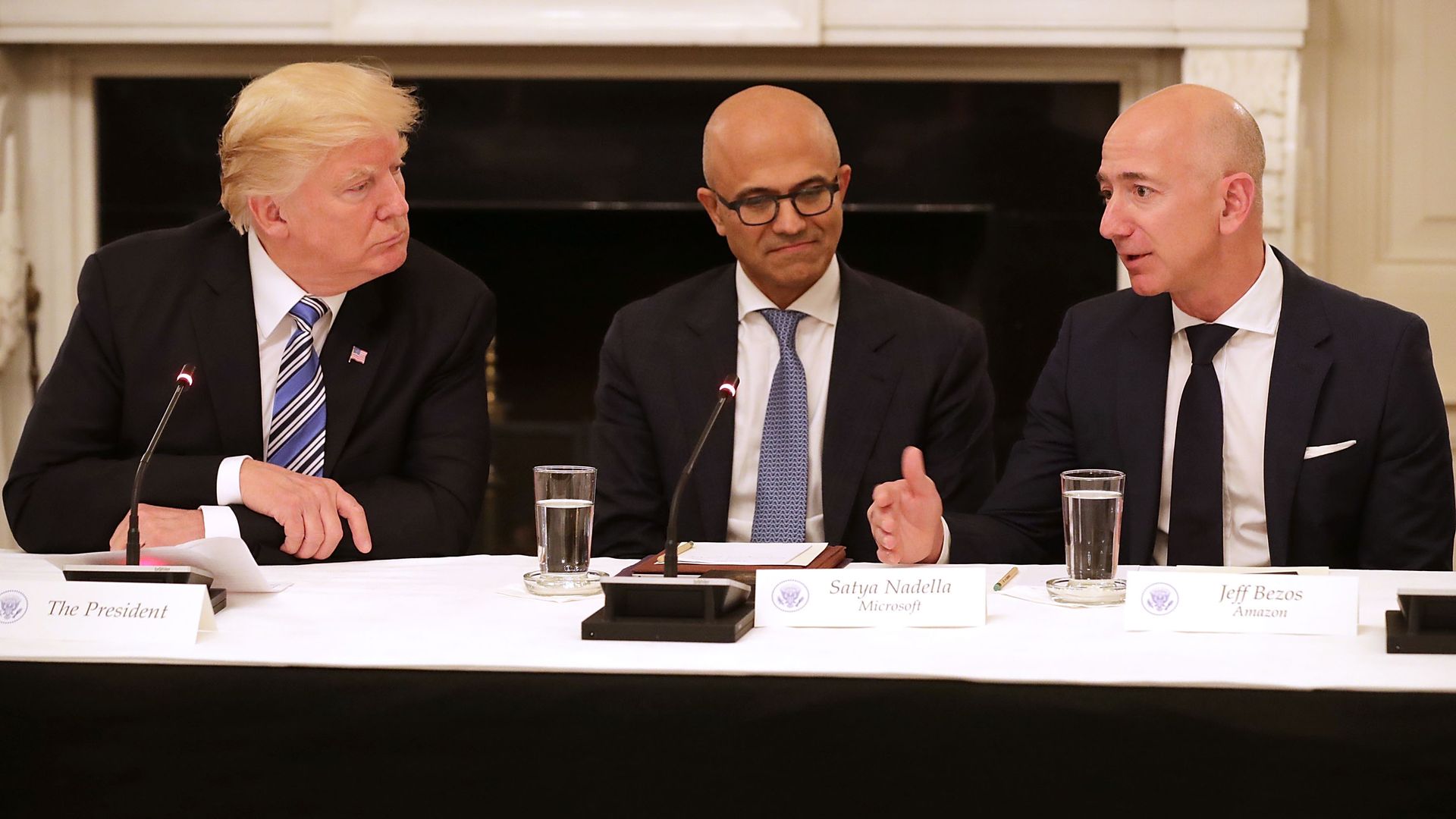 President Trump with Microsoft CEO Stya Nadella and Amazon CEO Jeff Bezos