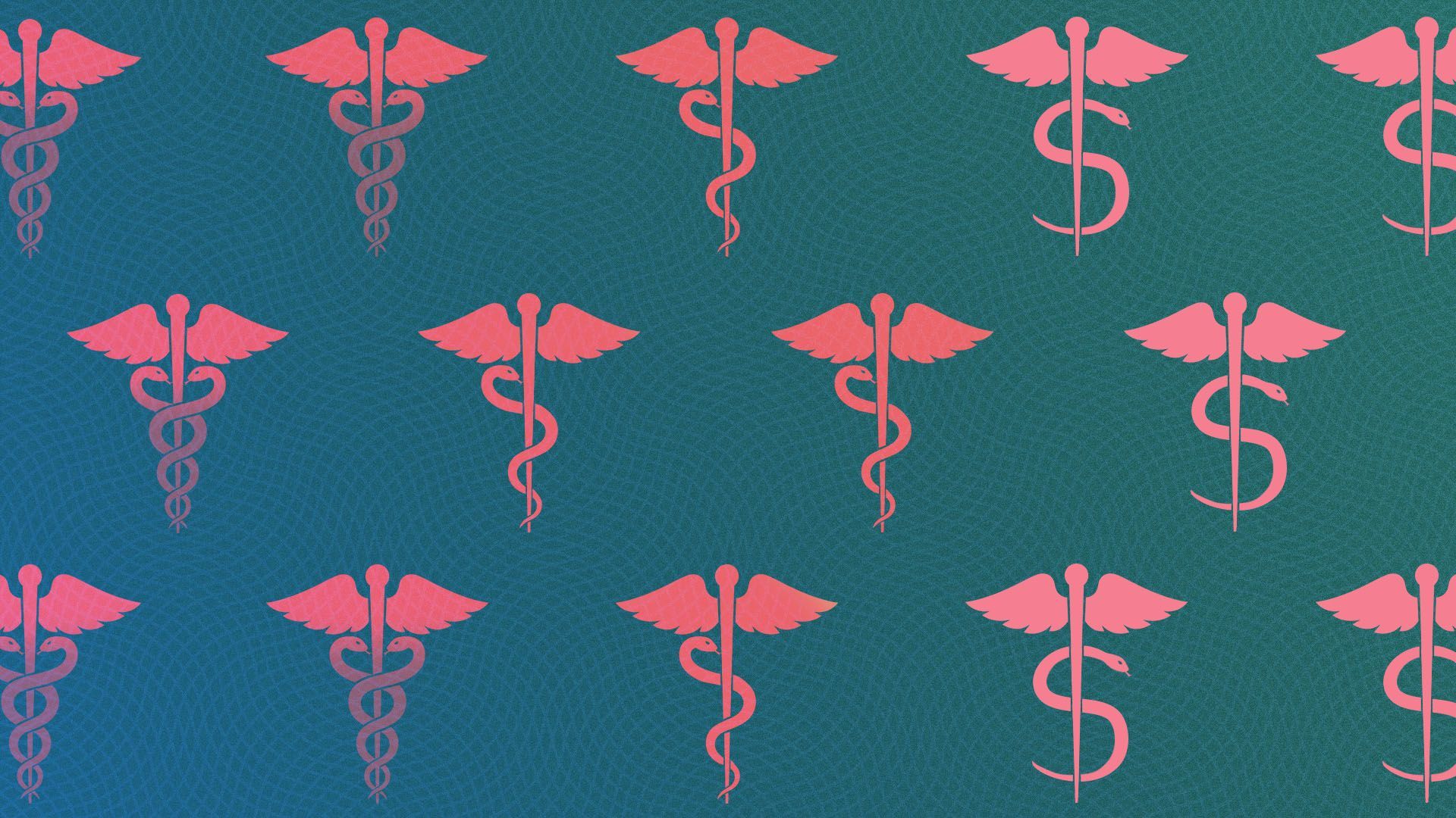 Illustration of a pattern of caduceus's gradually becoming dollar signs