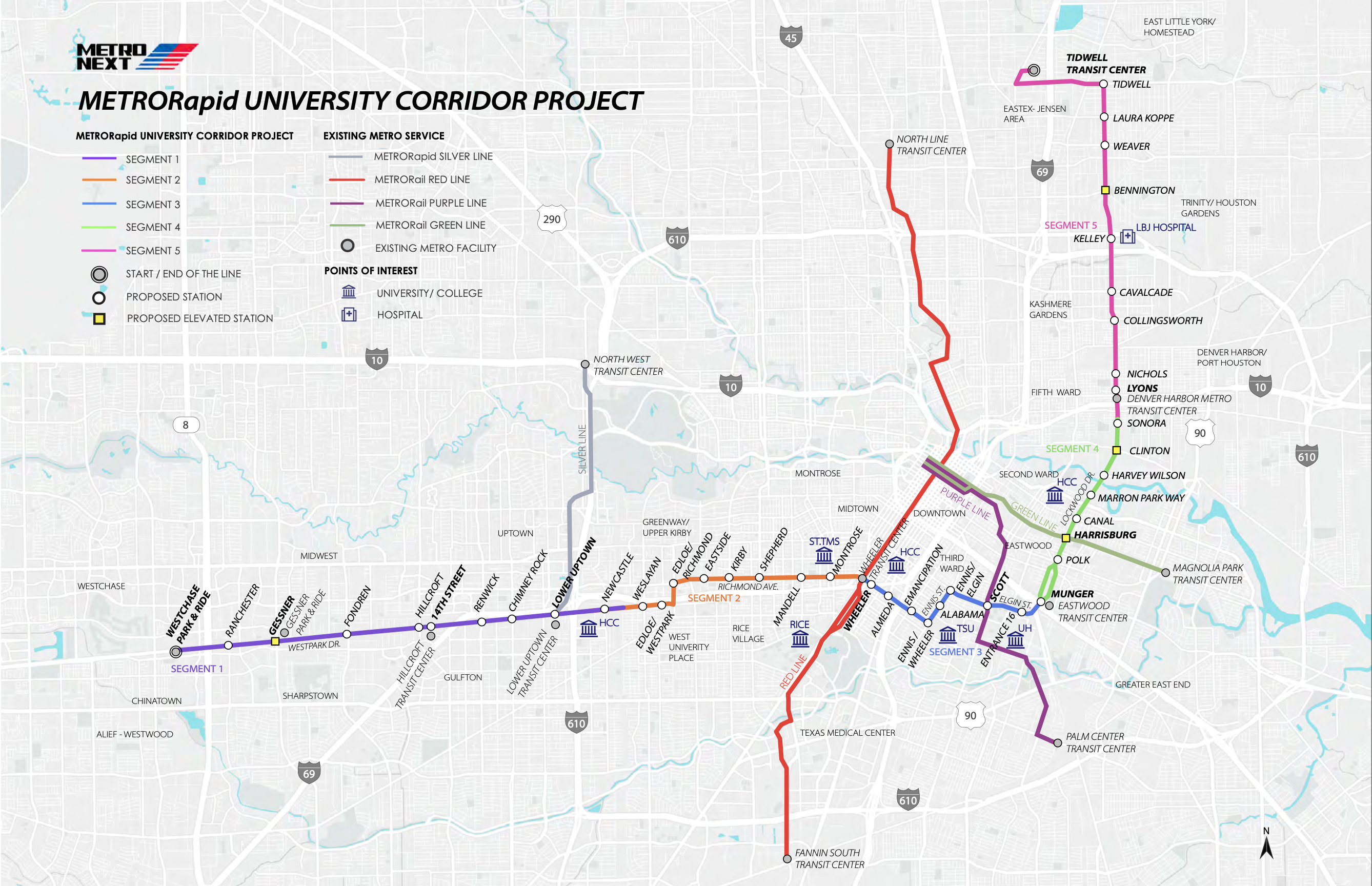 Map of the proposed METRORapid University Corridor bus rapid transit line 