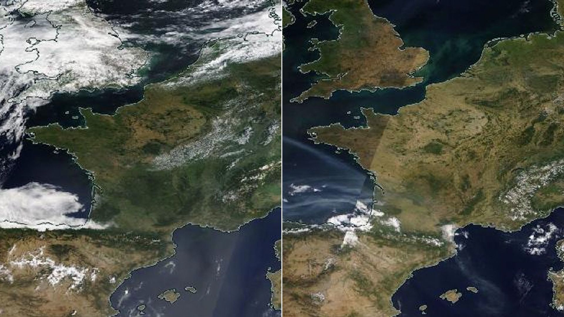 Satellite image comparison showing impacts from heat waves, drought and wildfires in Europe.
