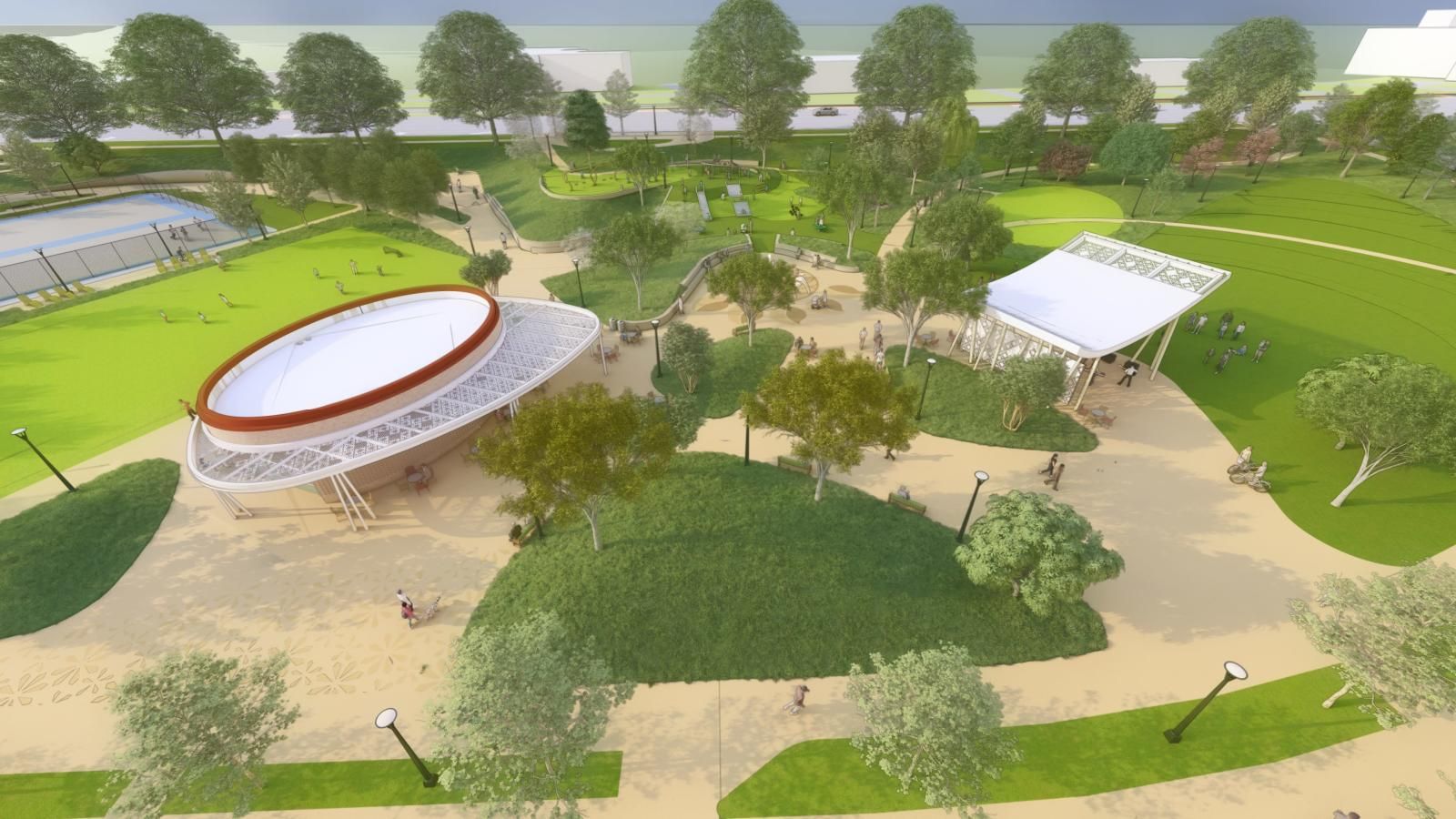Eastland Park stage and restroom. Rendering: Courtesy of Mecklenburg County
