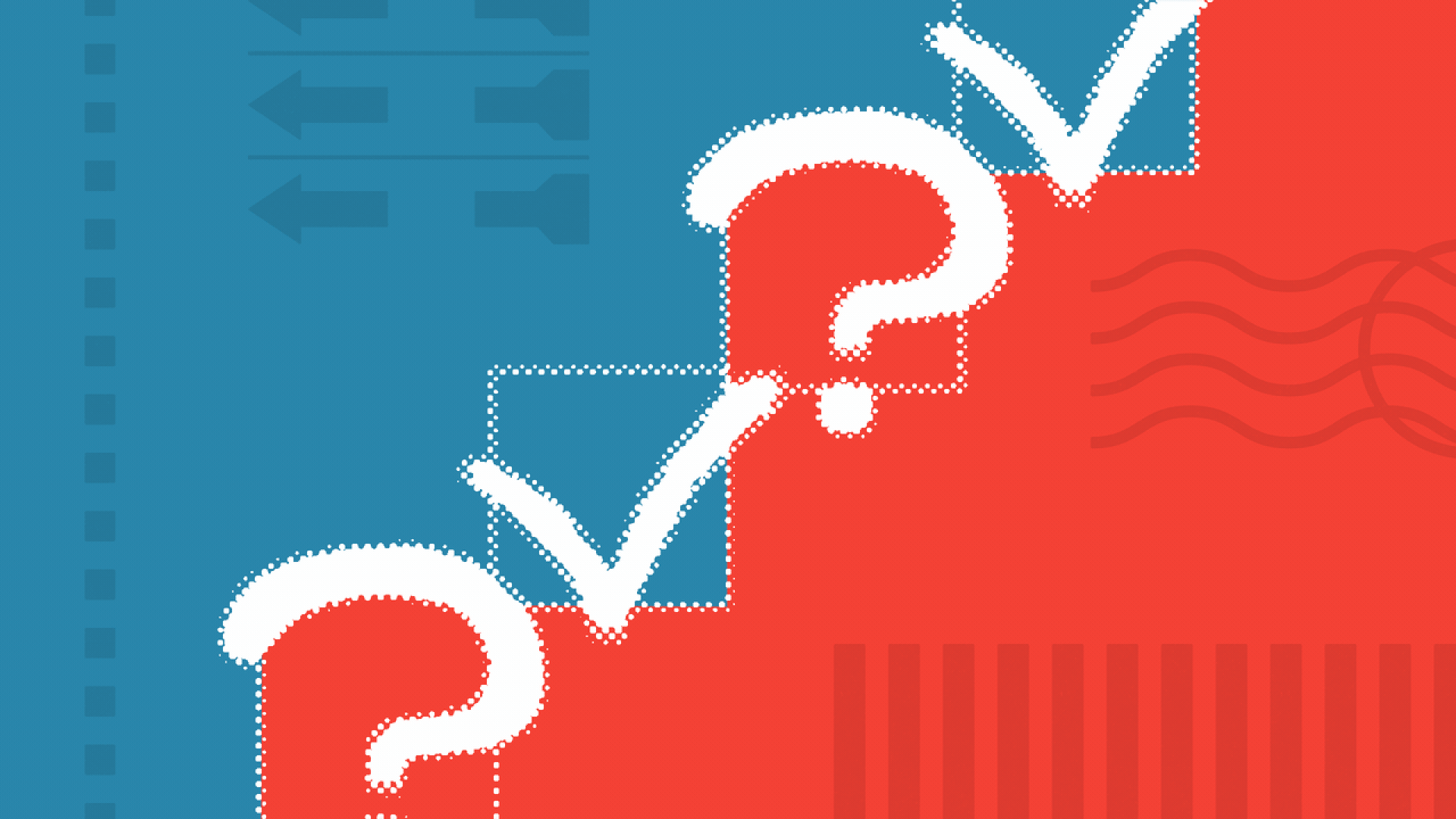 Illustration of a pattern of check marks that turn into question marks and vice versa, on a red and blue background with a pattern of ballot items.